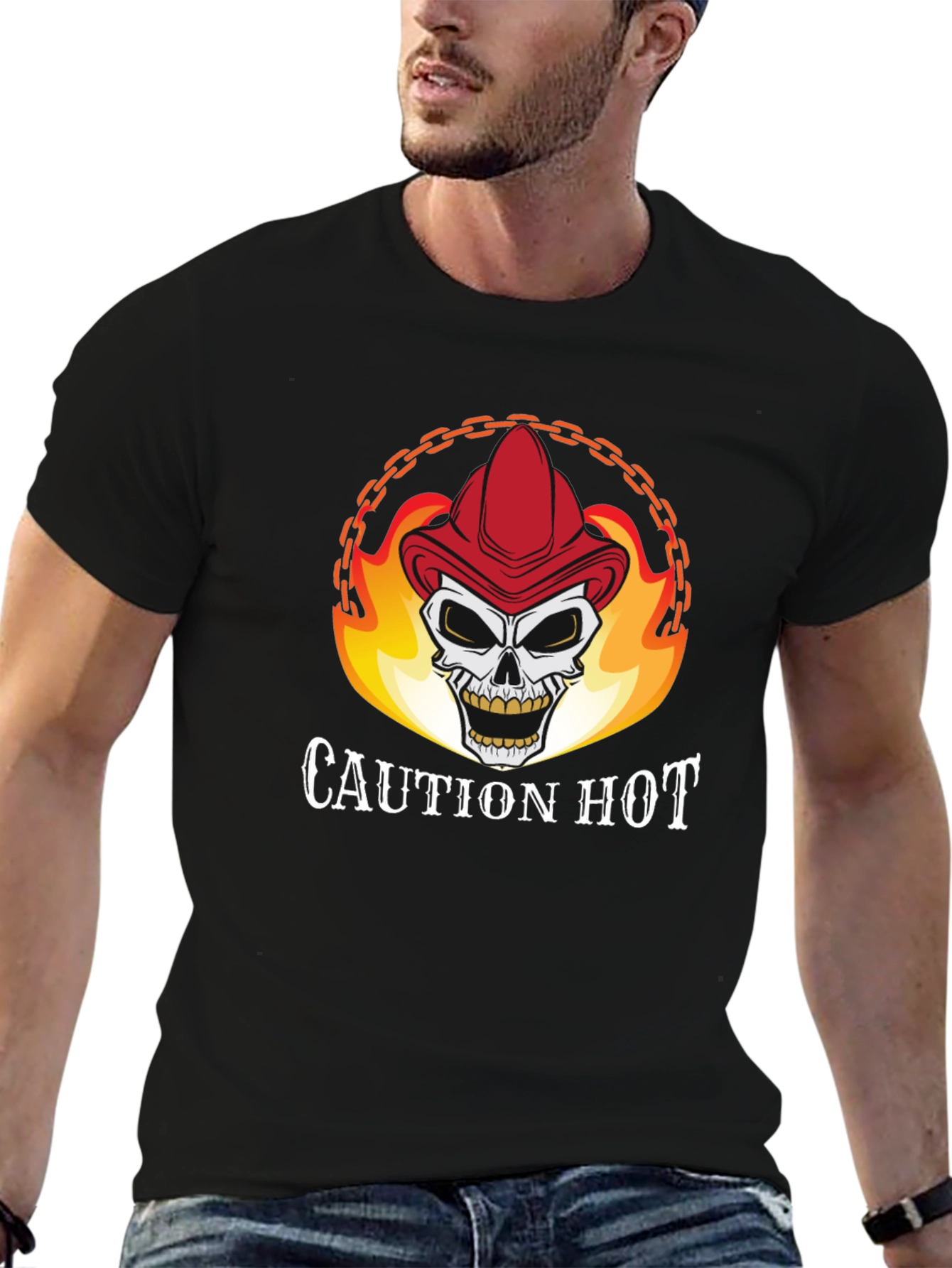 Caution Hot Skull Firefighter Graphic T-Shirt