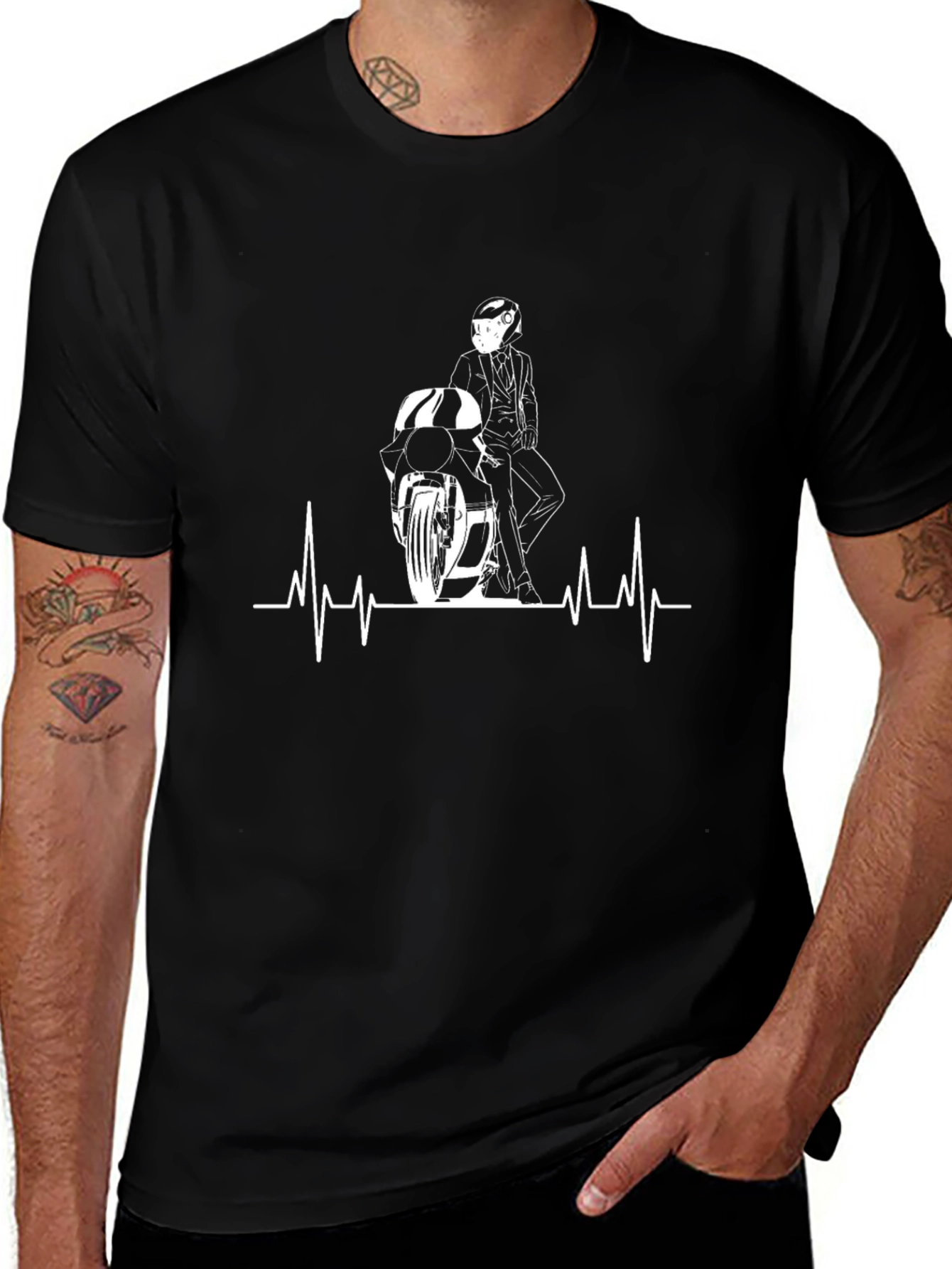 Motorcycle Rider Heartbeat Graphic T-Shirt - Black
