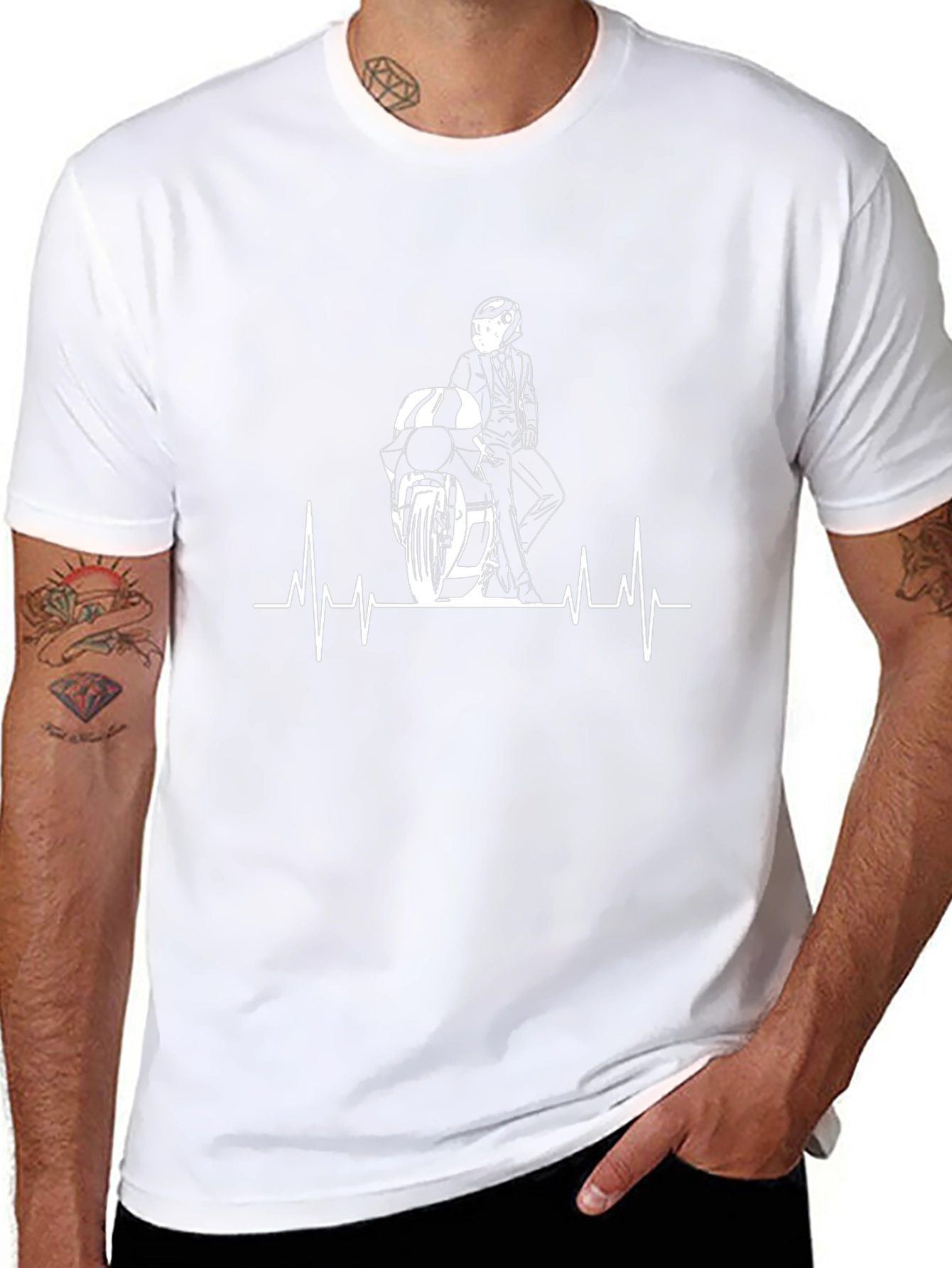 Motorcycle Rider Heartbeat Graphic T-Shirt - Black