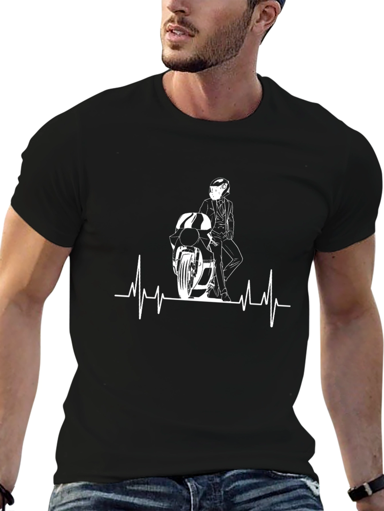 Motorcycle Rider Heartbeat Graphic T-Shirt - Black