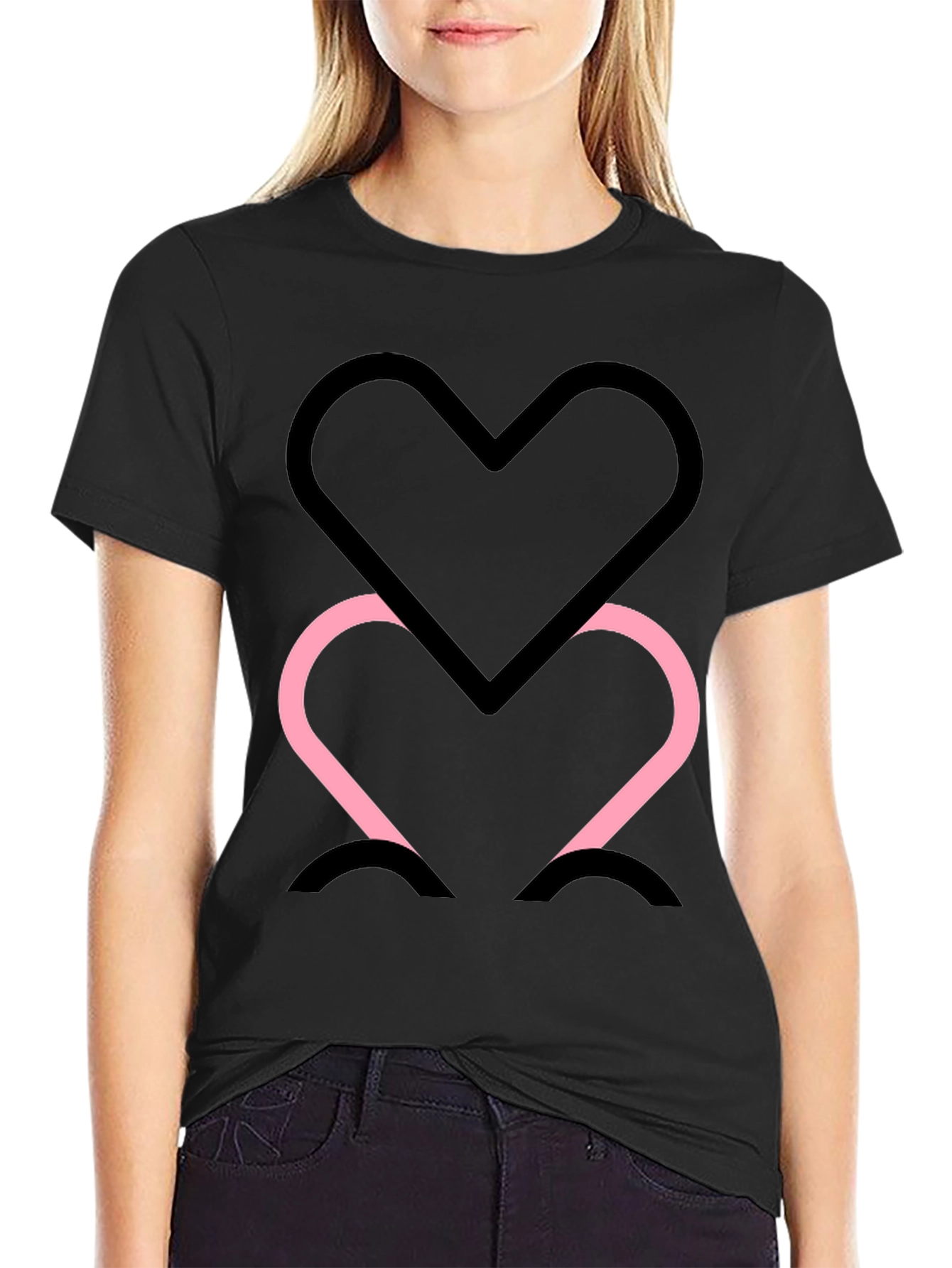 Black Tee with Two Heart Outline Graphic