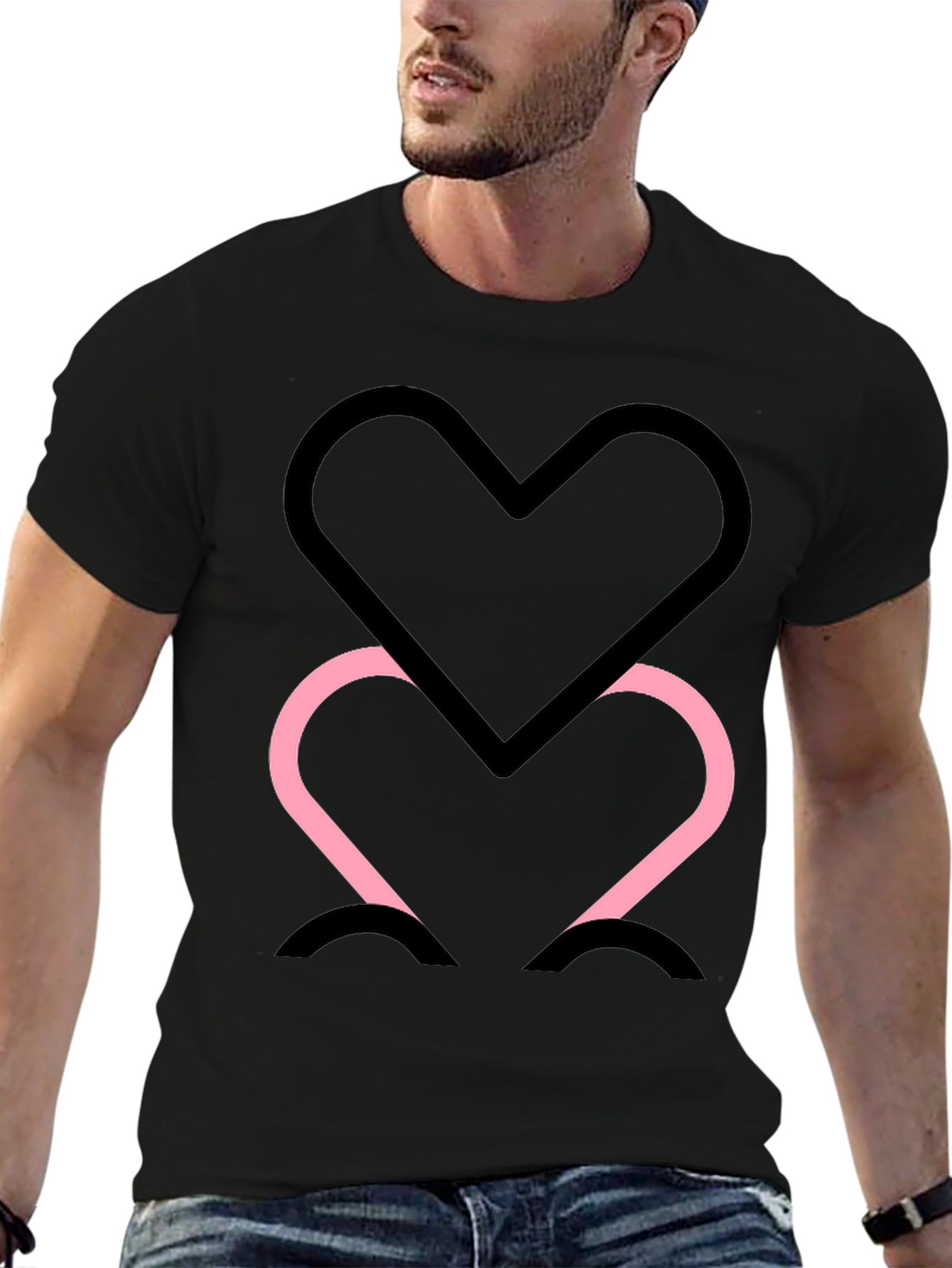 Black Tee with Two Heart Outline Graphic