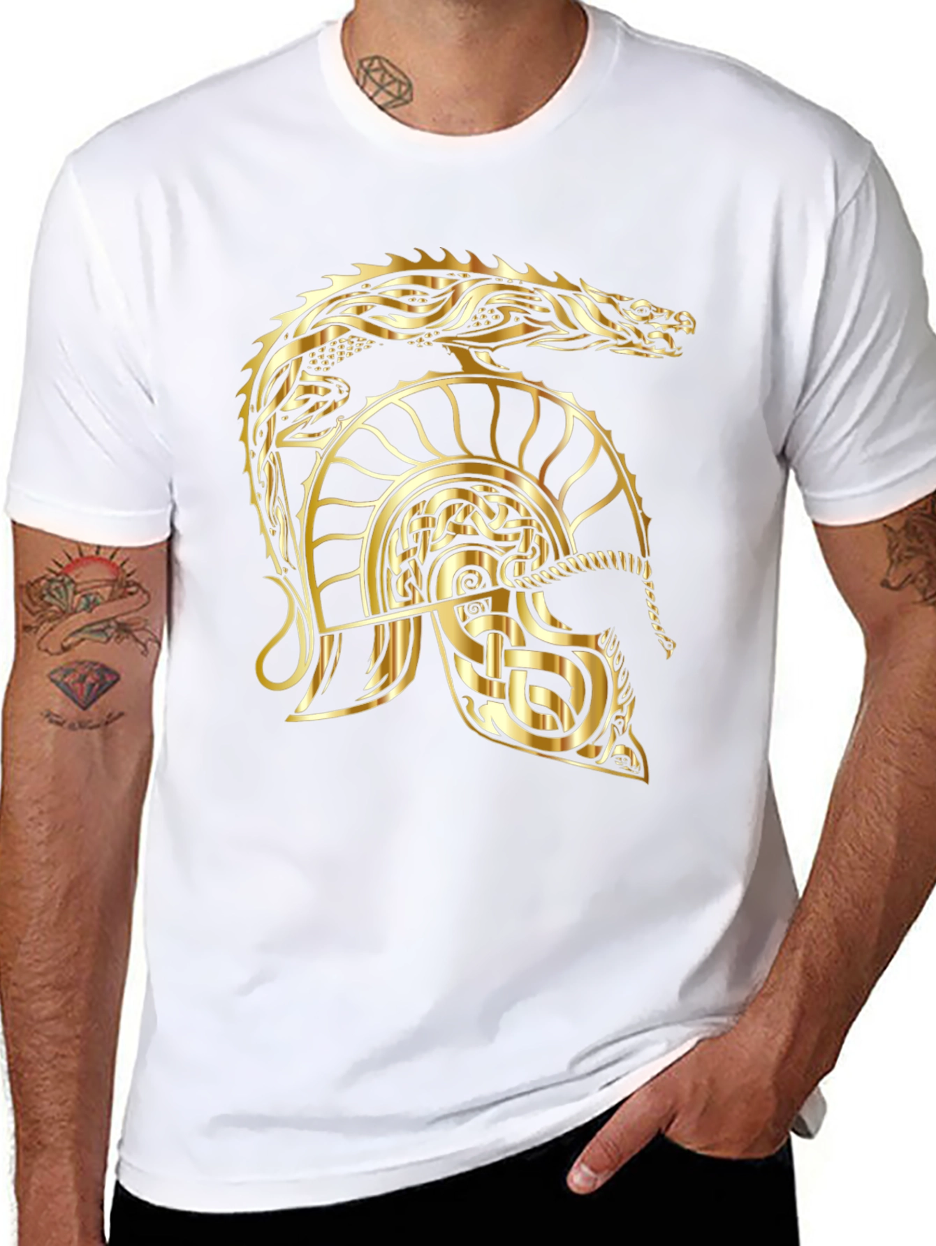 Golden Dragon Helmet Graphic Tee - Viking Style
