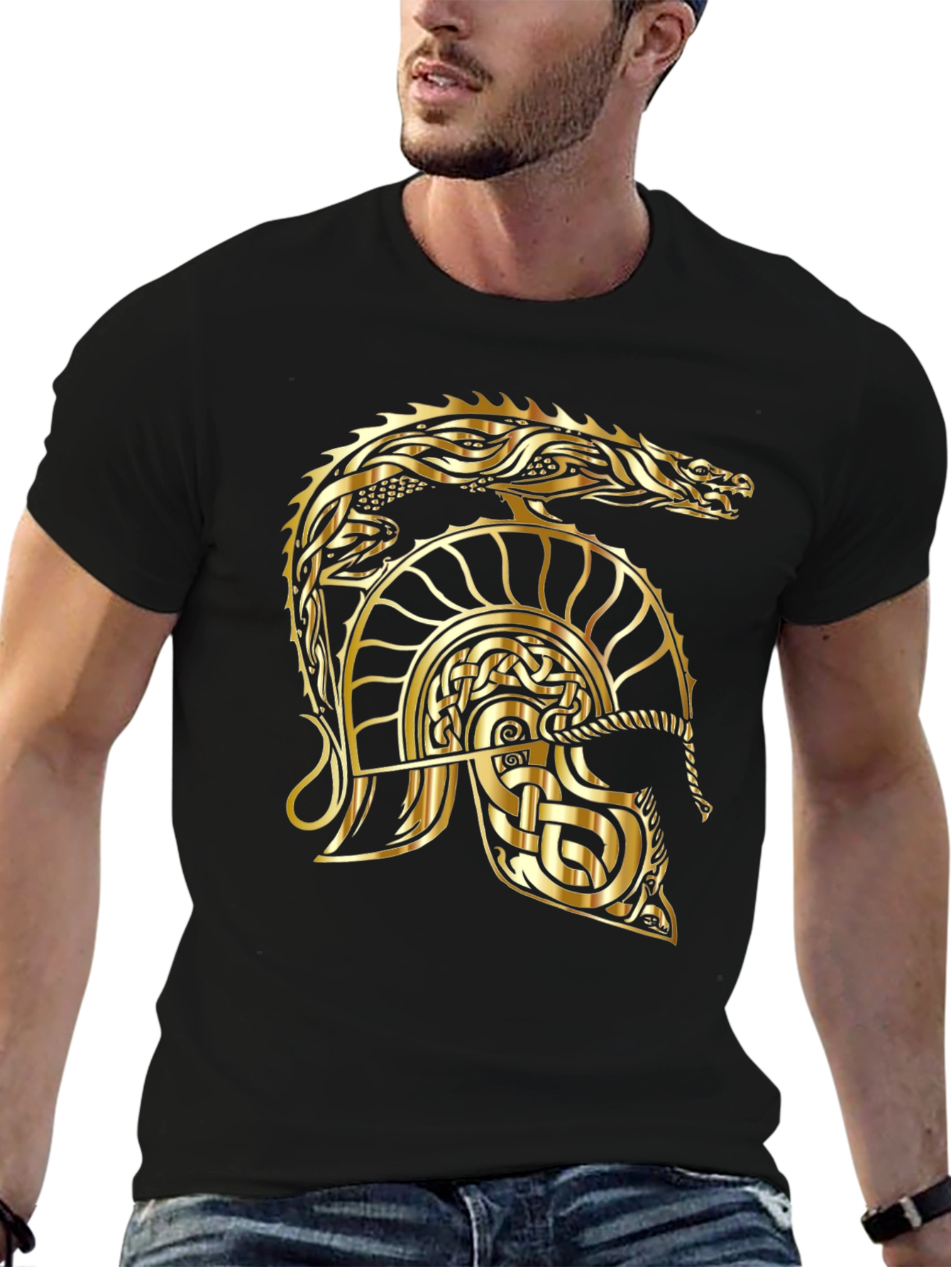 Golden Dragon Helmet Graphic Tee - Viking Style