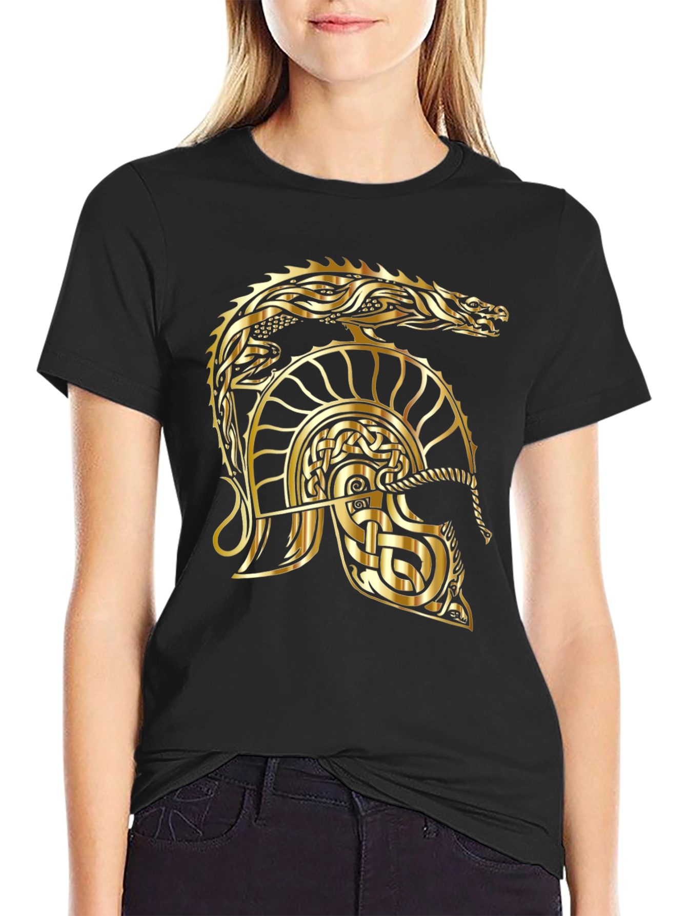 Golden Dragon Helmet Graphic Tee - Viking Style
