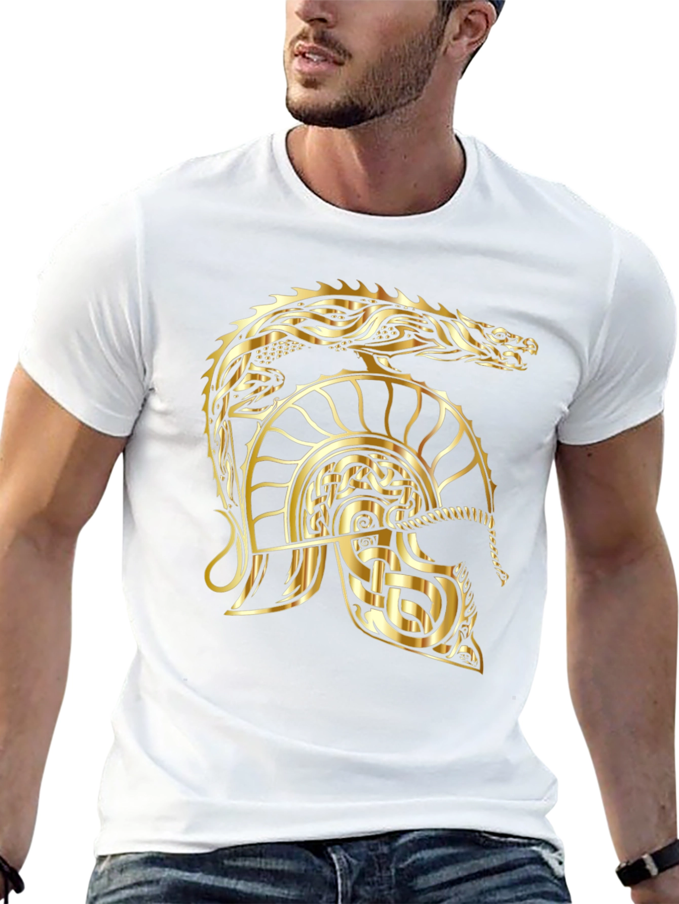 Golden Dragon Helmet Graphic Tee - Viking Style