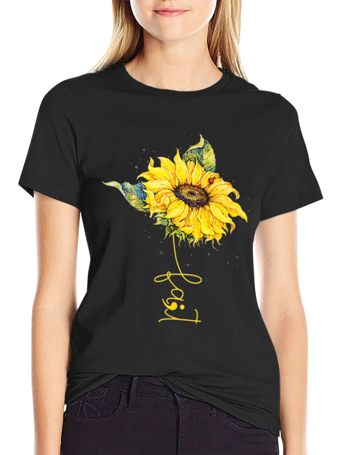 Sunflower Ladybug T-Shirt - Black Cotton Tee