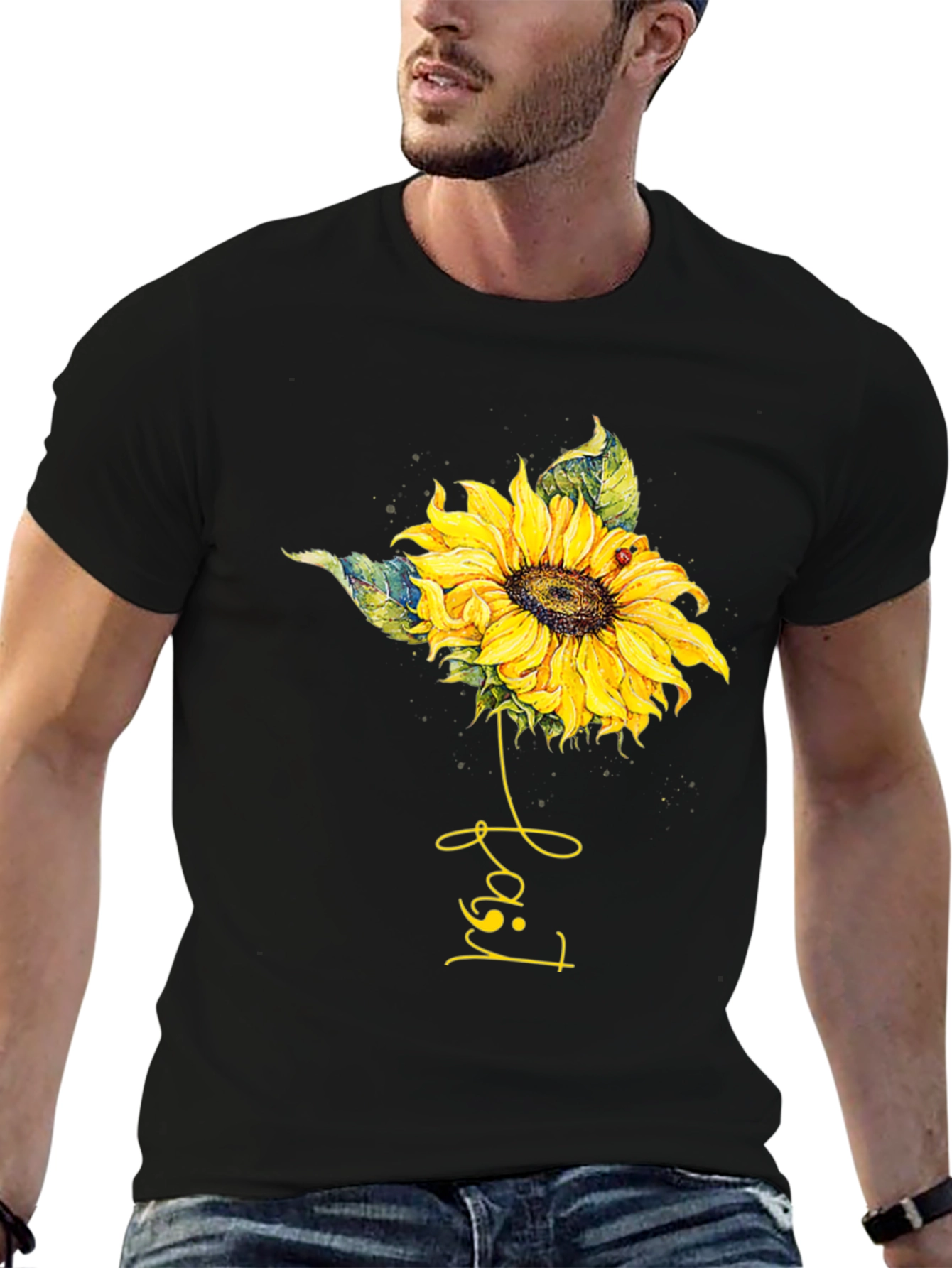 Sunflower Ladybug T-Shirt - Black Cotton Tee