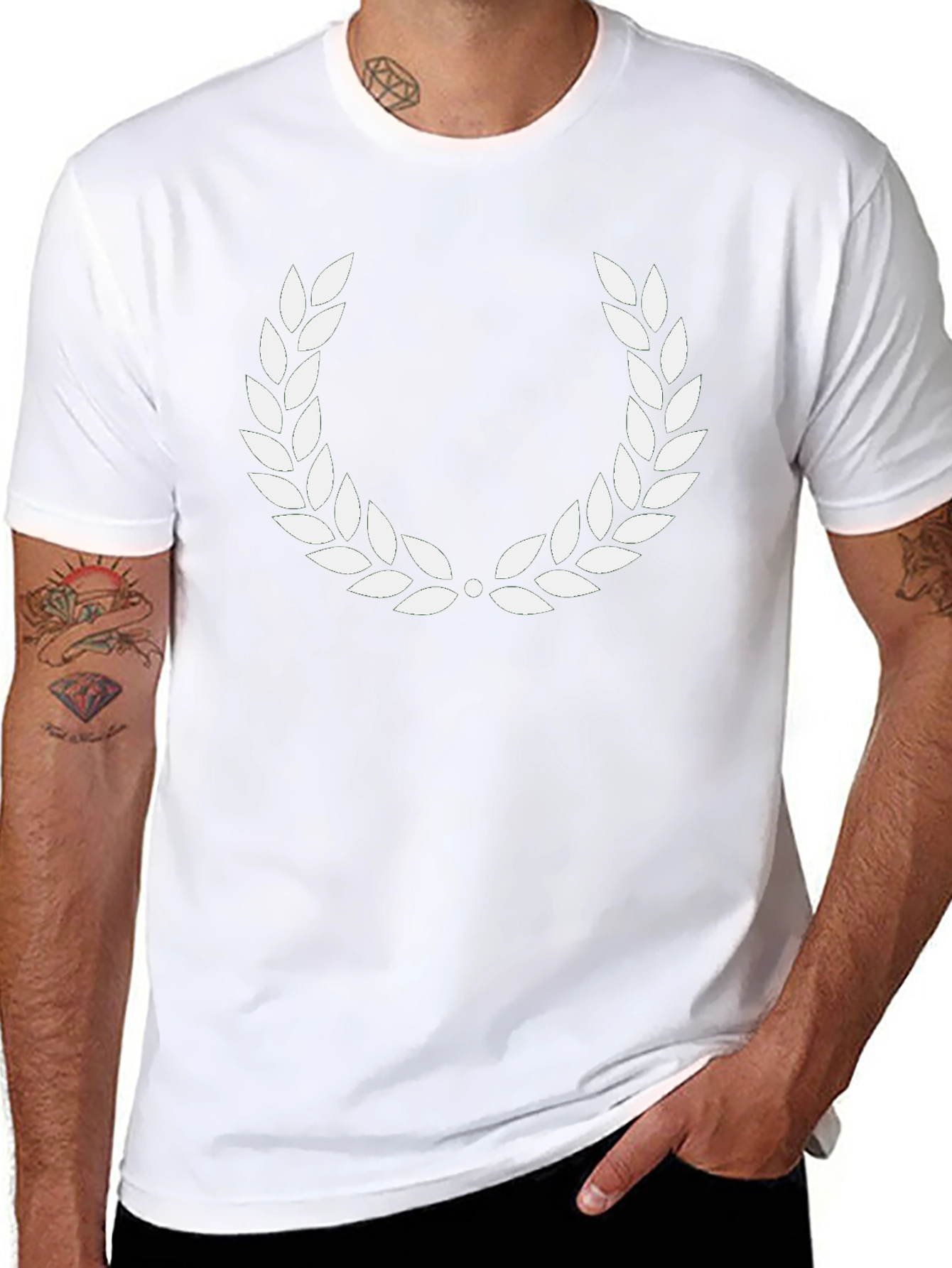 Black T-Shirt with White Laurel Wreath Design