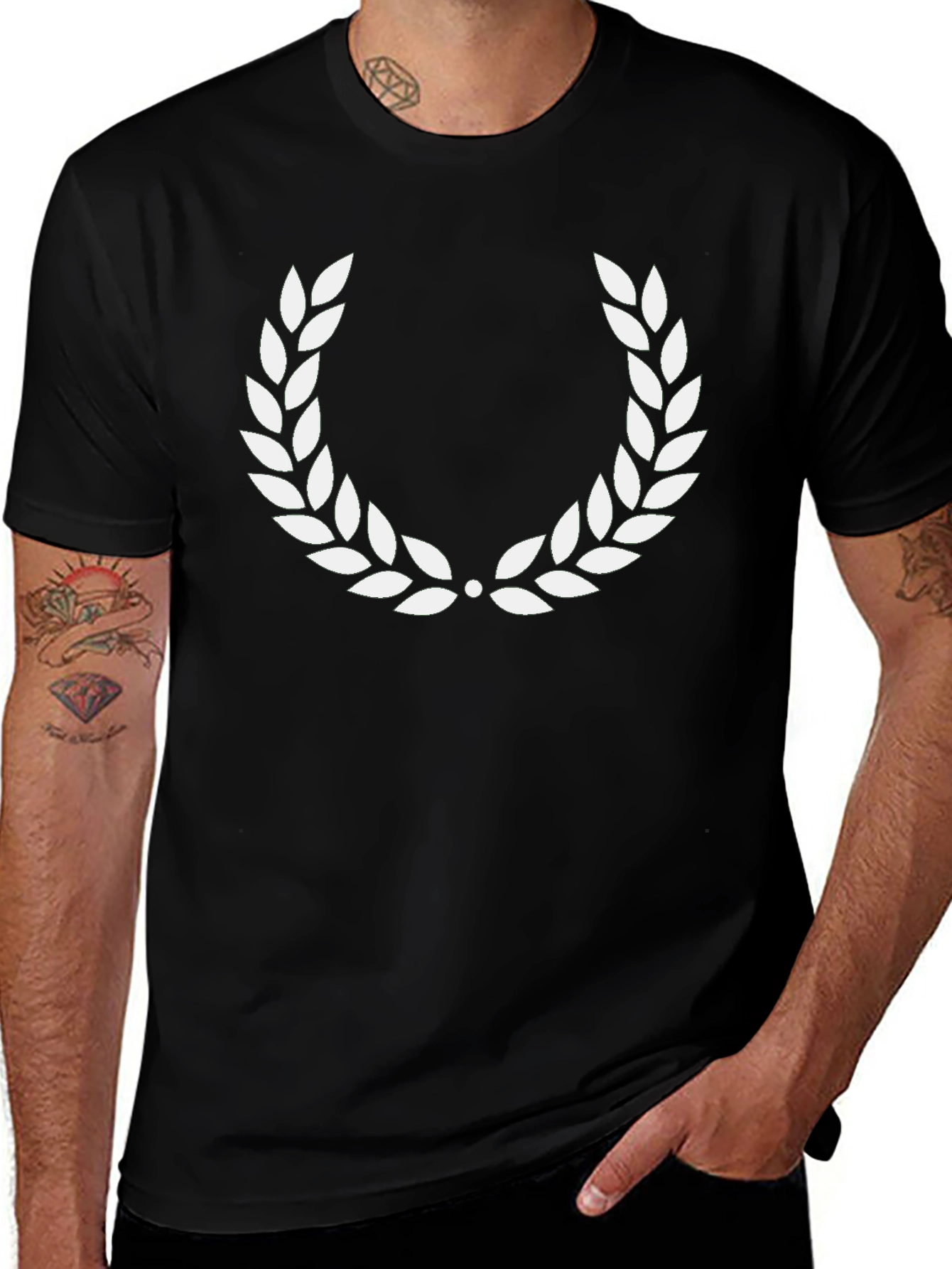 Black T-Shirt with White Laurel Wreath Design