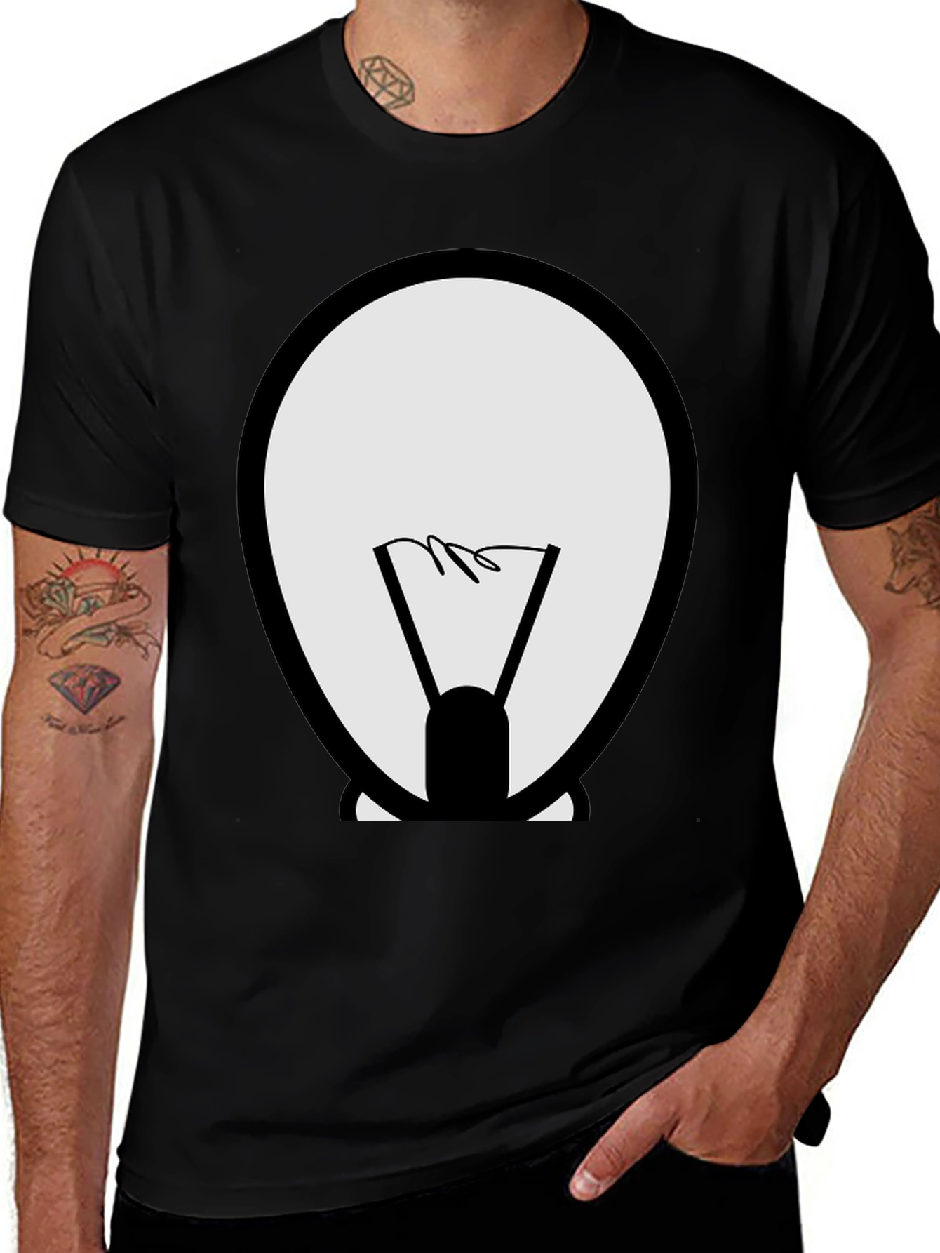 Cartoon Light Bulb Graphic Tee - Black Cotton Shirt