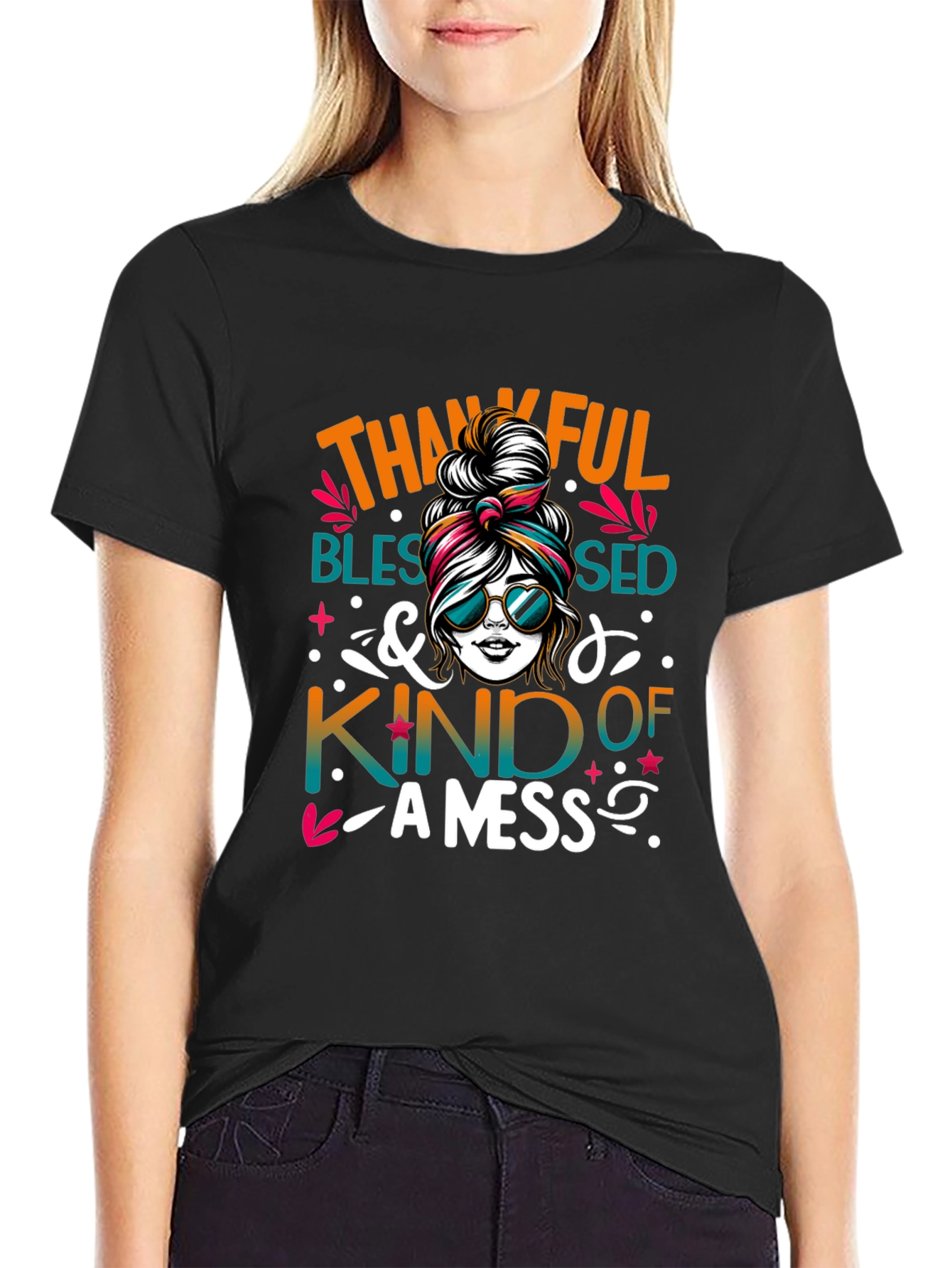 Thankful Blessed Messy Bun T-Shirt