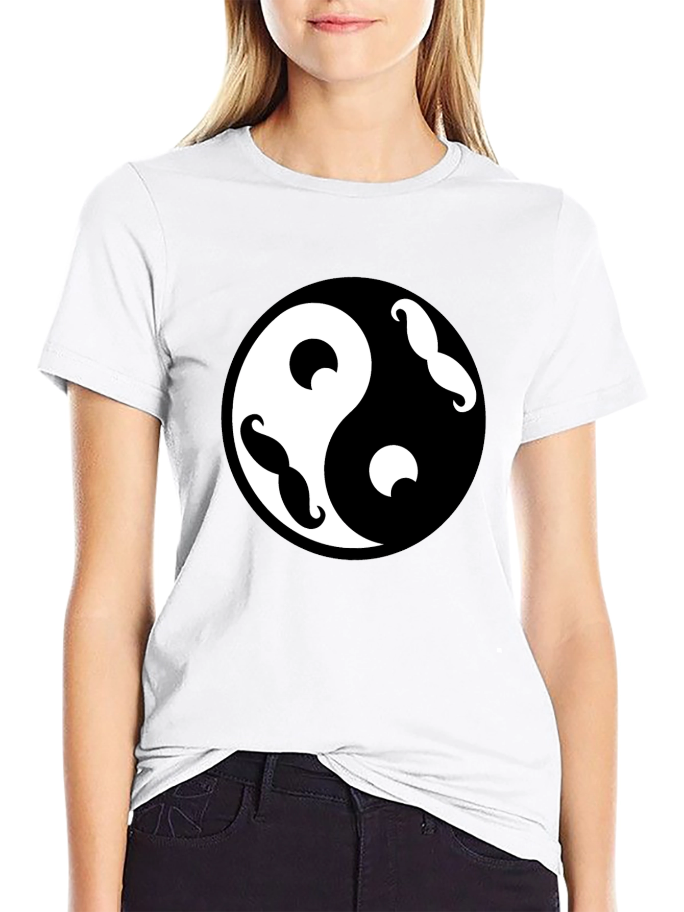 Yin Yang Mustache Graphic Tee - Black Cotton Blend
