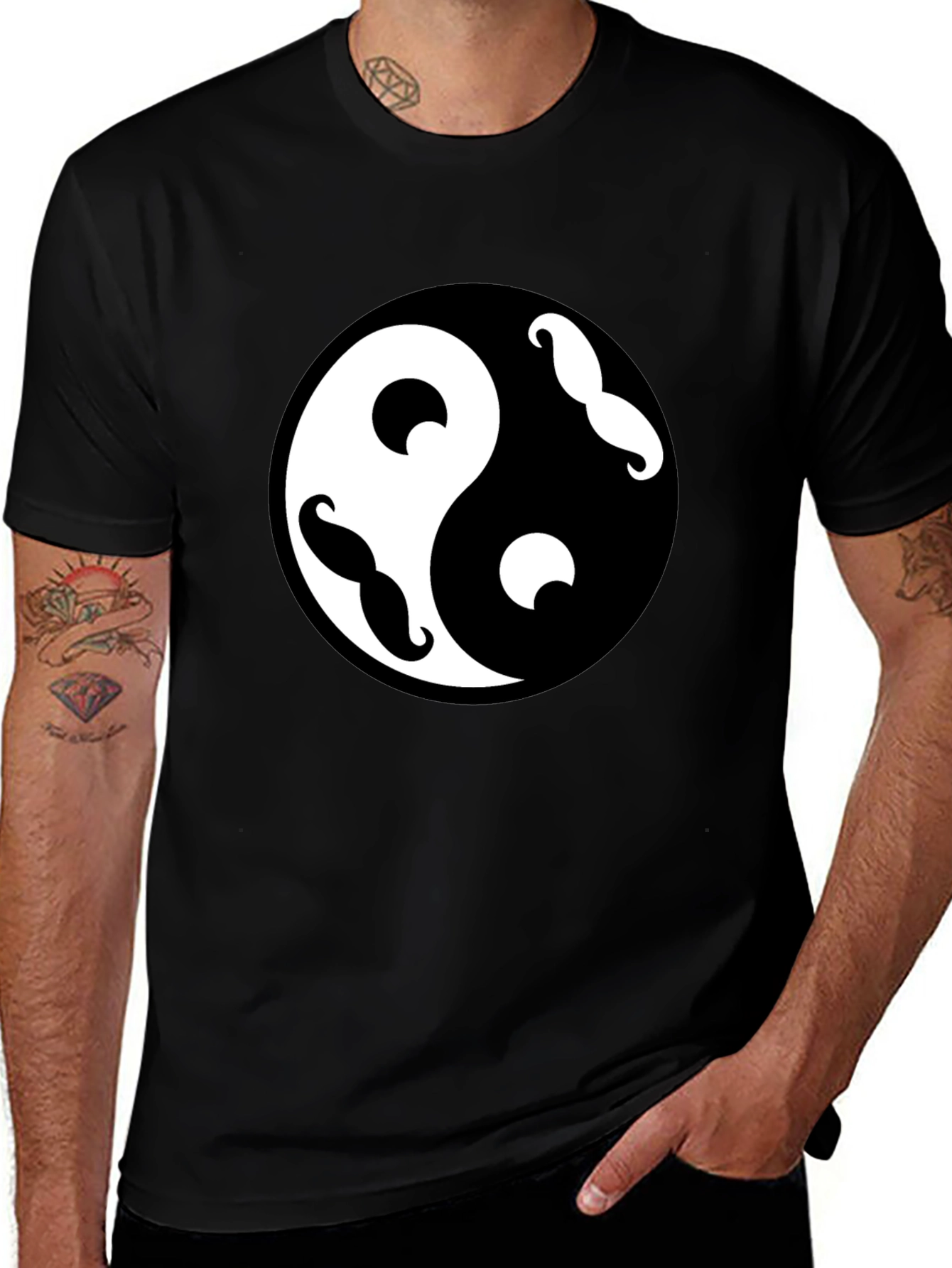 Yin Yang Mustache Graphic Tee - Black Cotton Blend
