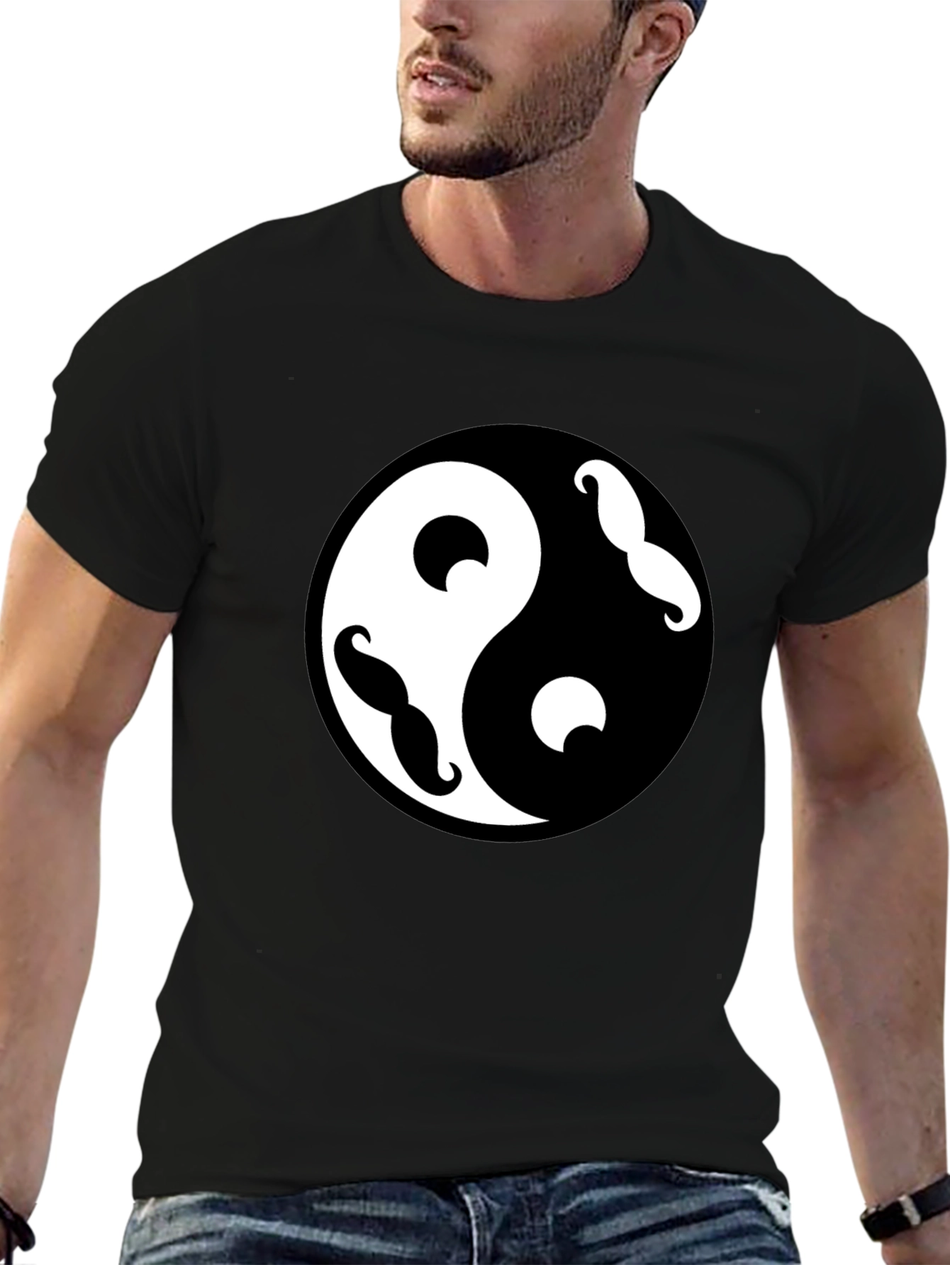 Yin Yang Mustache Graphic Tee - Black Cotton Blend