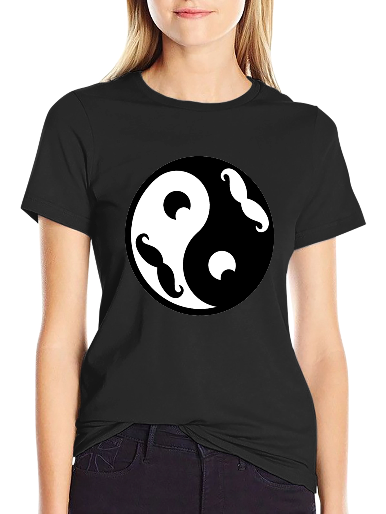 Yin Yang Mustache Graphic Tee - Black Cotton Blend