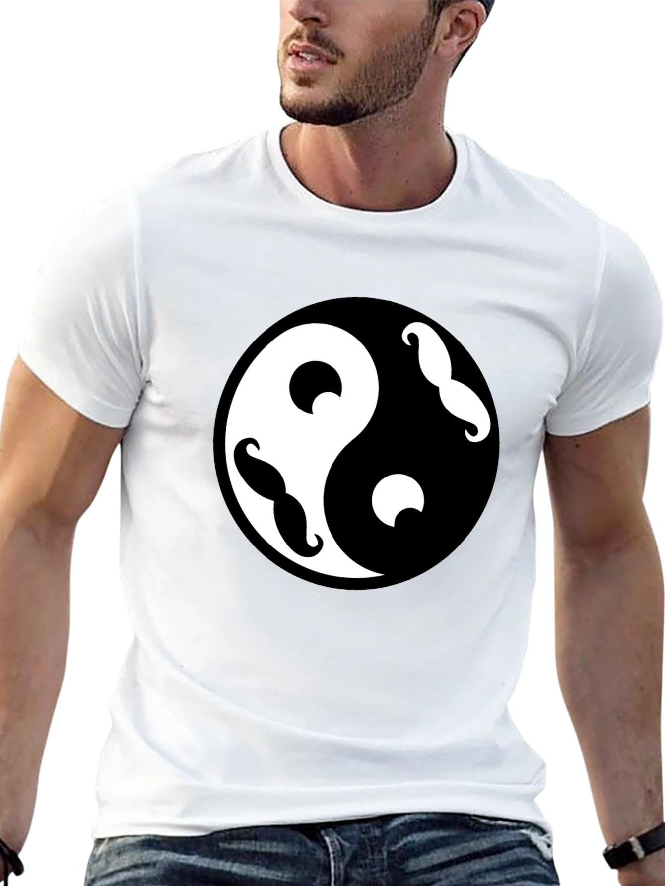 Yin Yang Mustache Graphic Tee - Black Cotton Blend