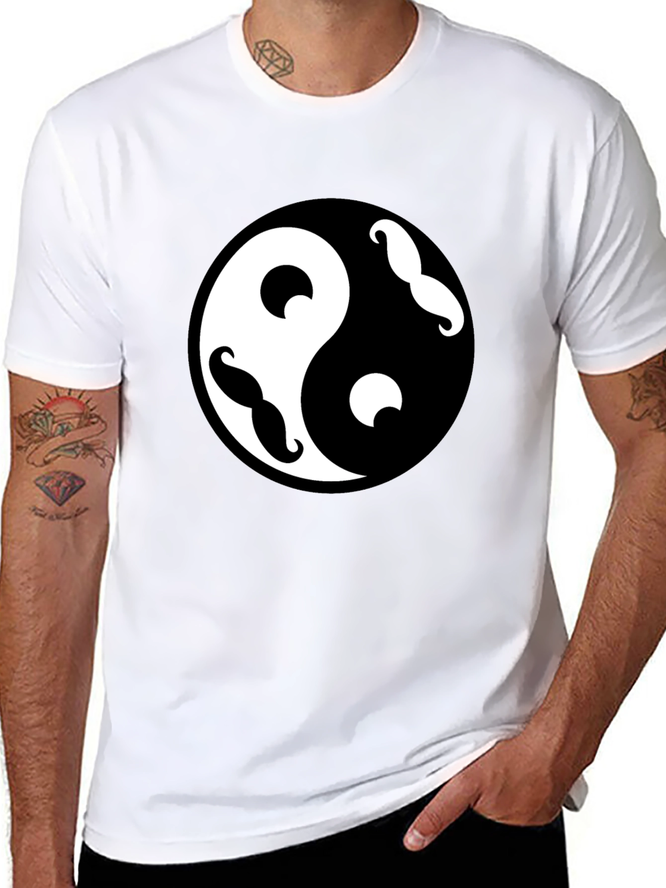 Yin Yang Mustache Graphic Tee - Black Cotton Blend