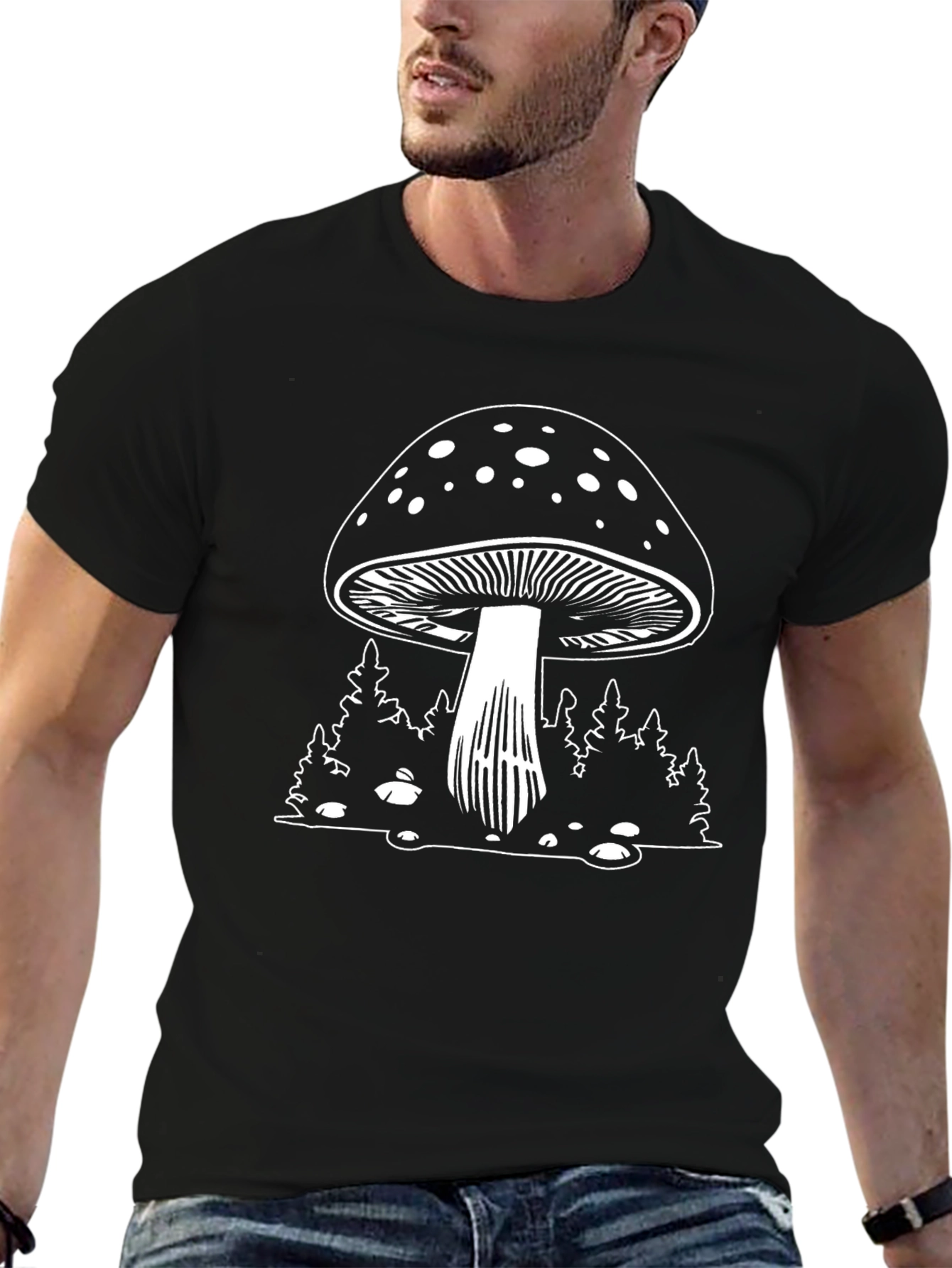 Mushroom Graphic Tee - Black Cotton Shirt