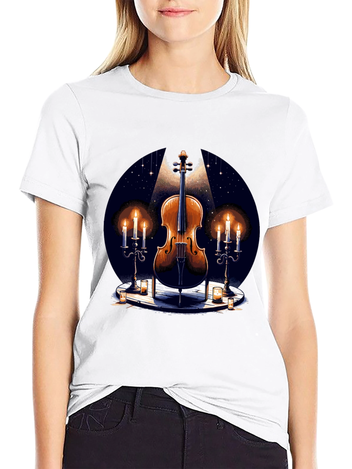 Violin and Candles Graphic T-Shirt