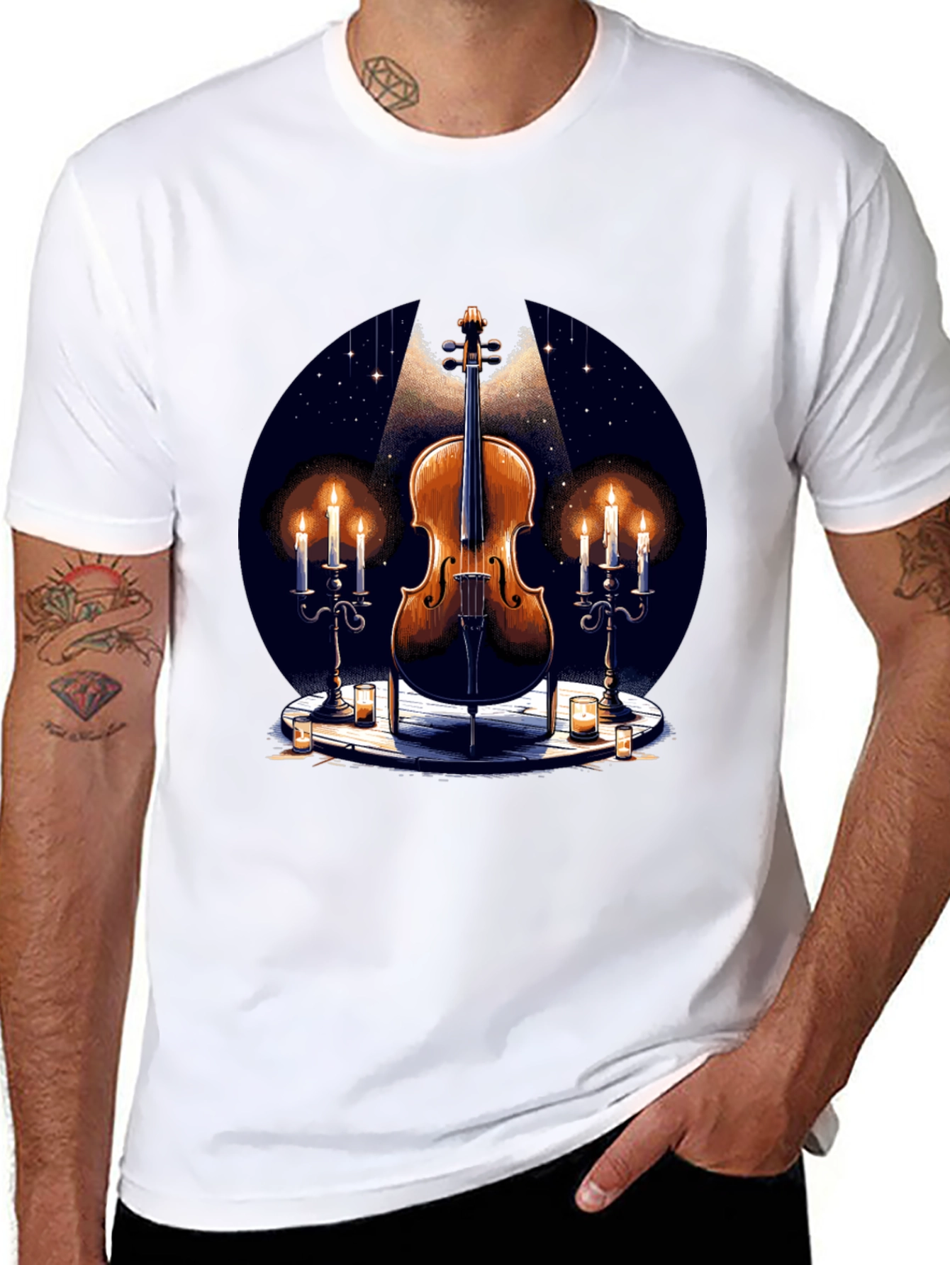Violin and Candles Graphic T-Shirt