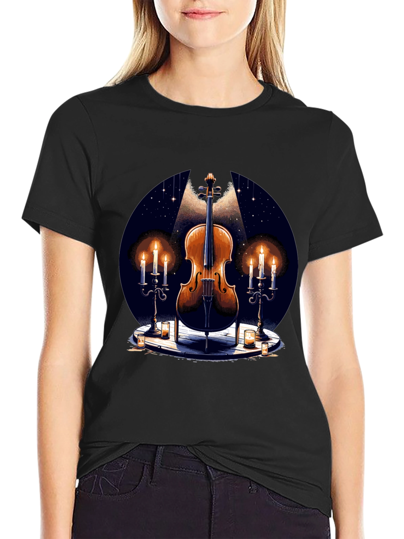 Violin and Candles Graphic T-Shirt