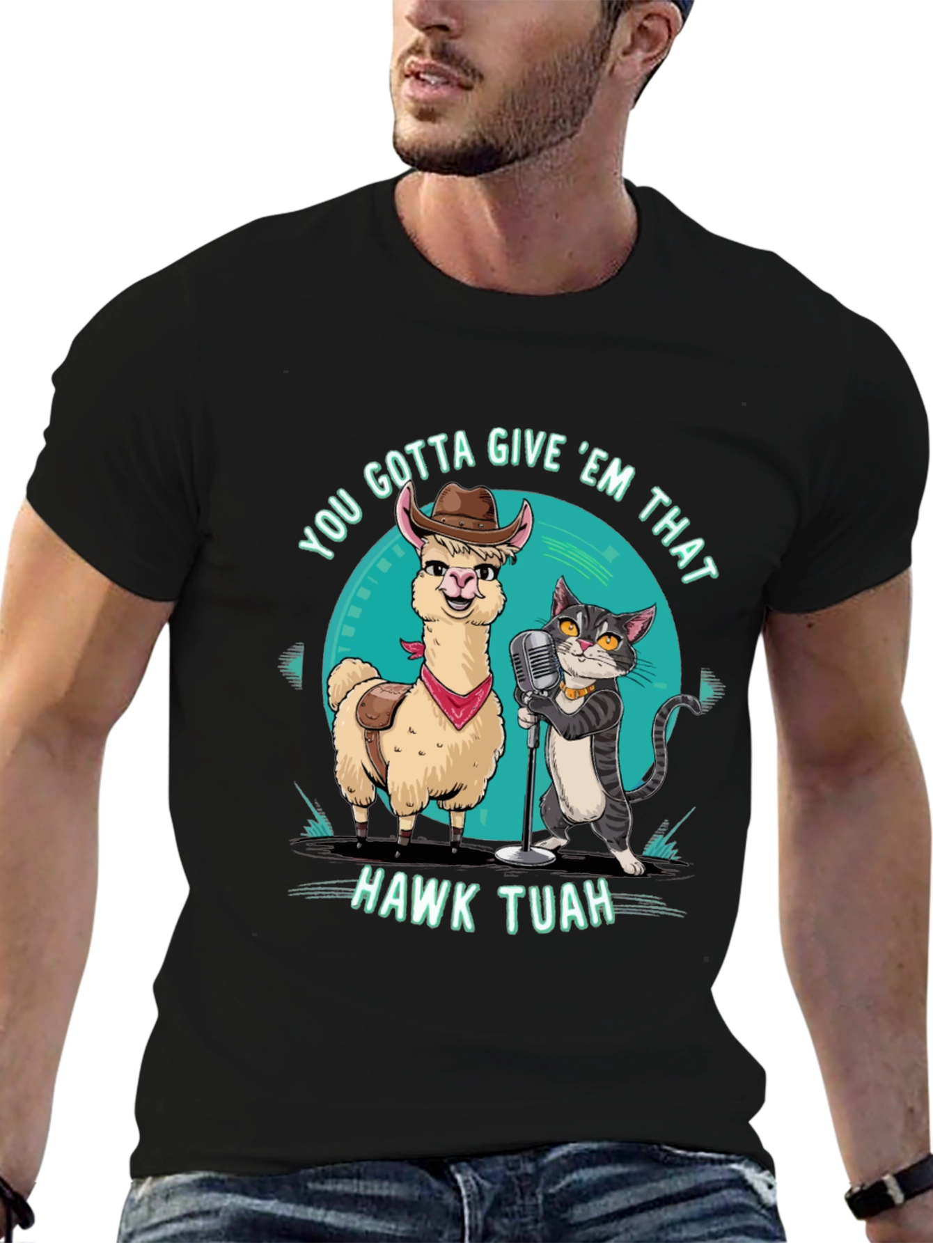 Hawk Tuah T-Shirt: Singing Llama & Cat Duo!