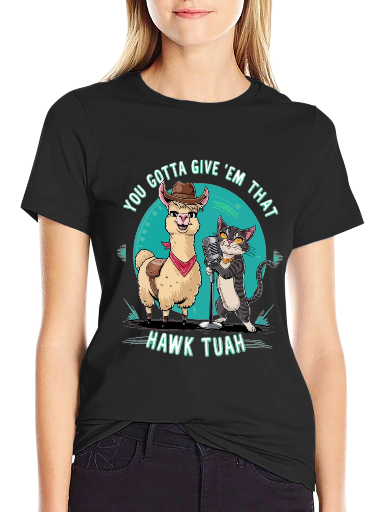 Hawk Tuah T-Shirt: Singing Llama & Cat Duo!