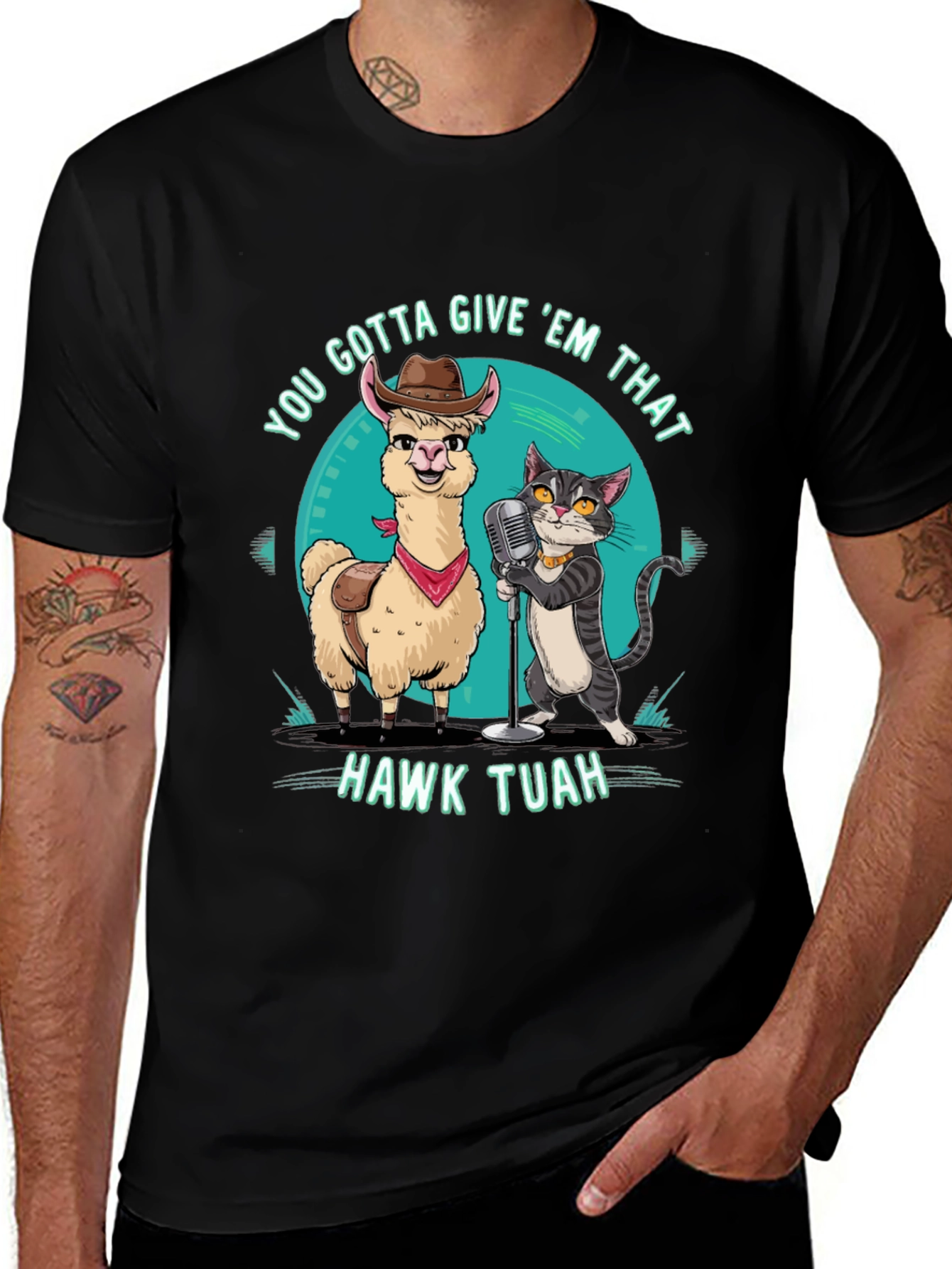 Hawk Tuah T-Shirt: Singing Llama & Cat Duo!