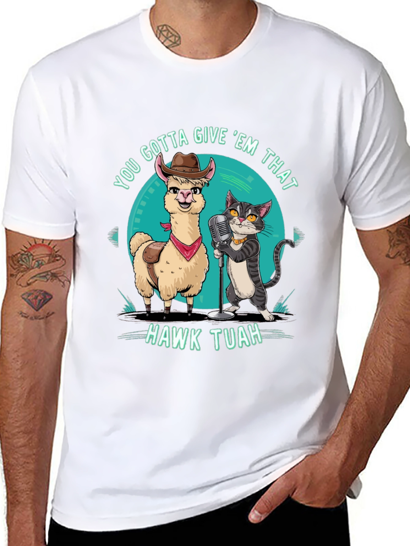 Hawk Tuah T-Shirt: Singing Llama & Cat Duo!