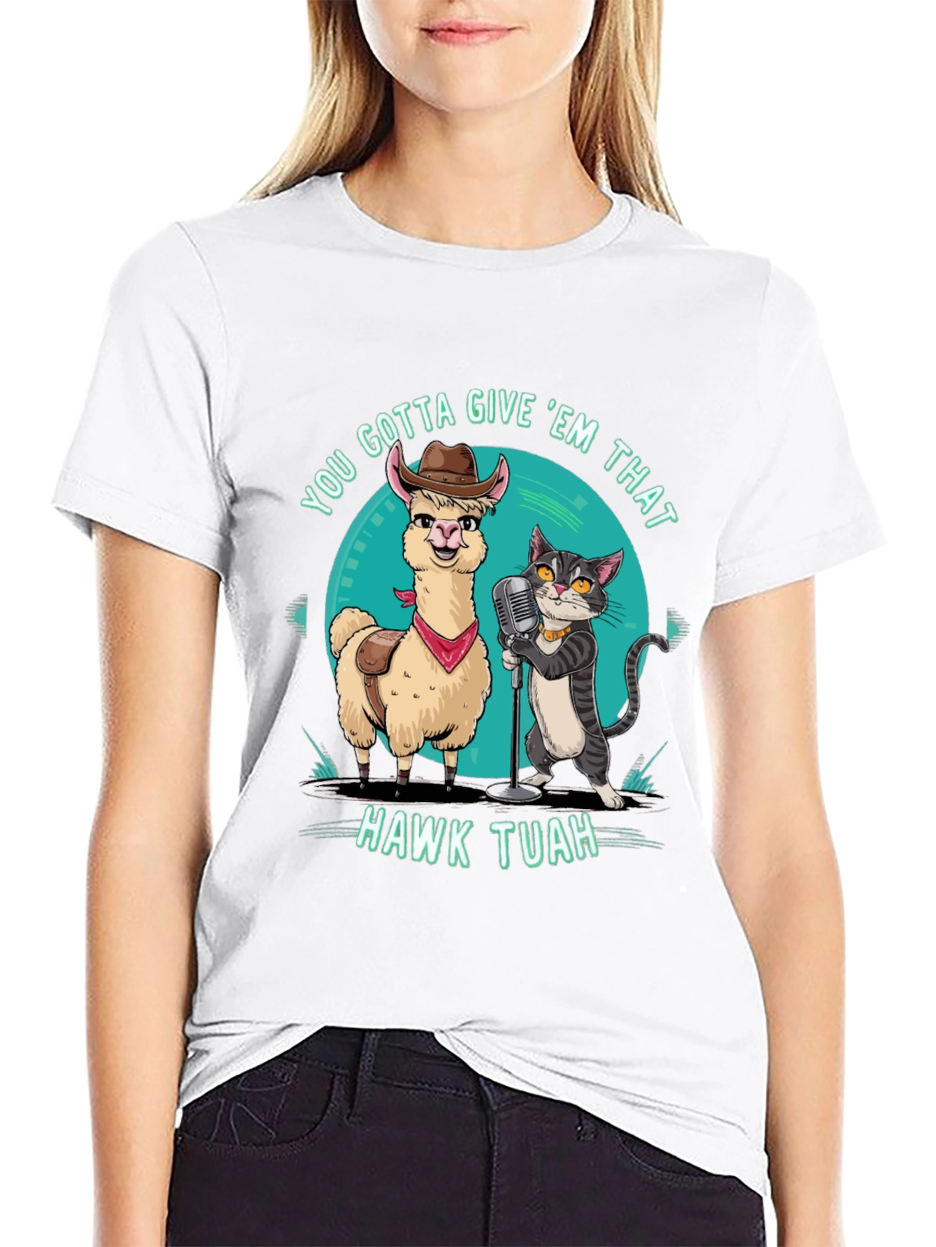 Hawk Tuah T-Shirt: Singing Llama & Cat Duo!
