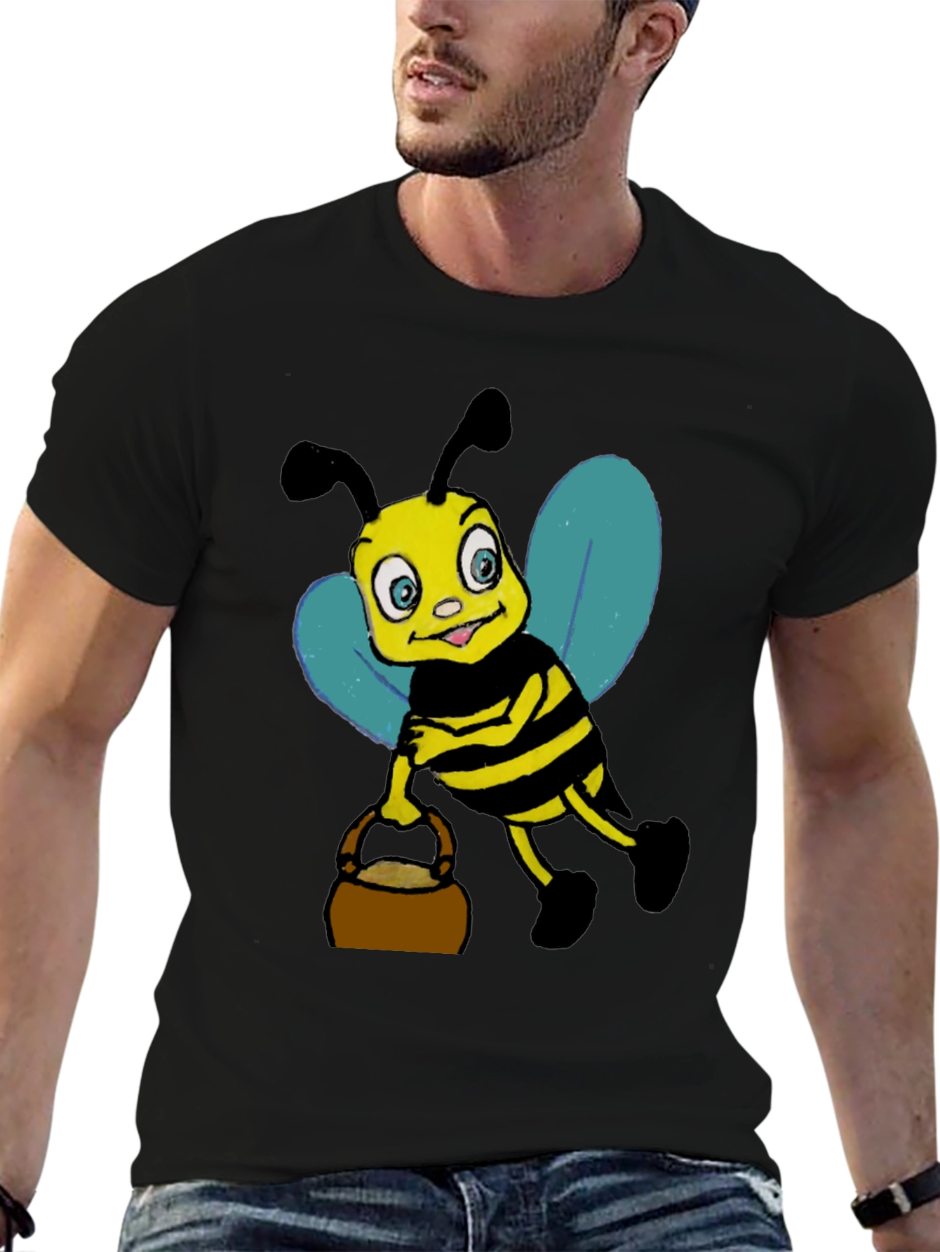 Cartoon Bee T-Shirt - Black Cotton Blend