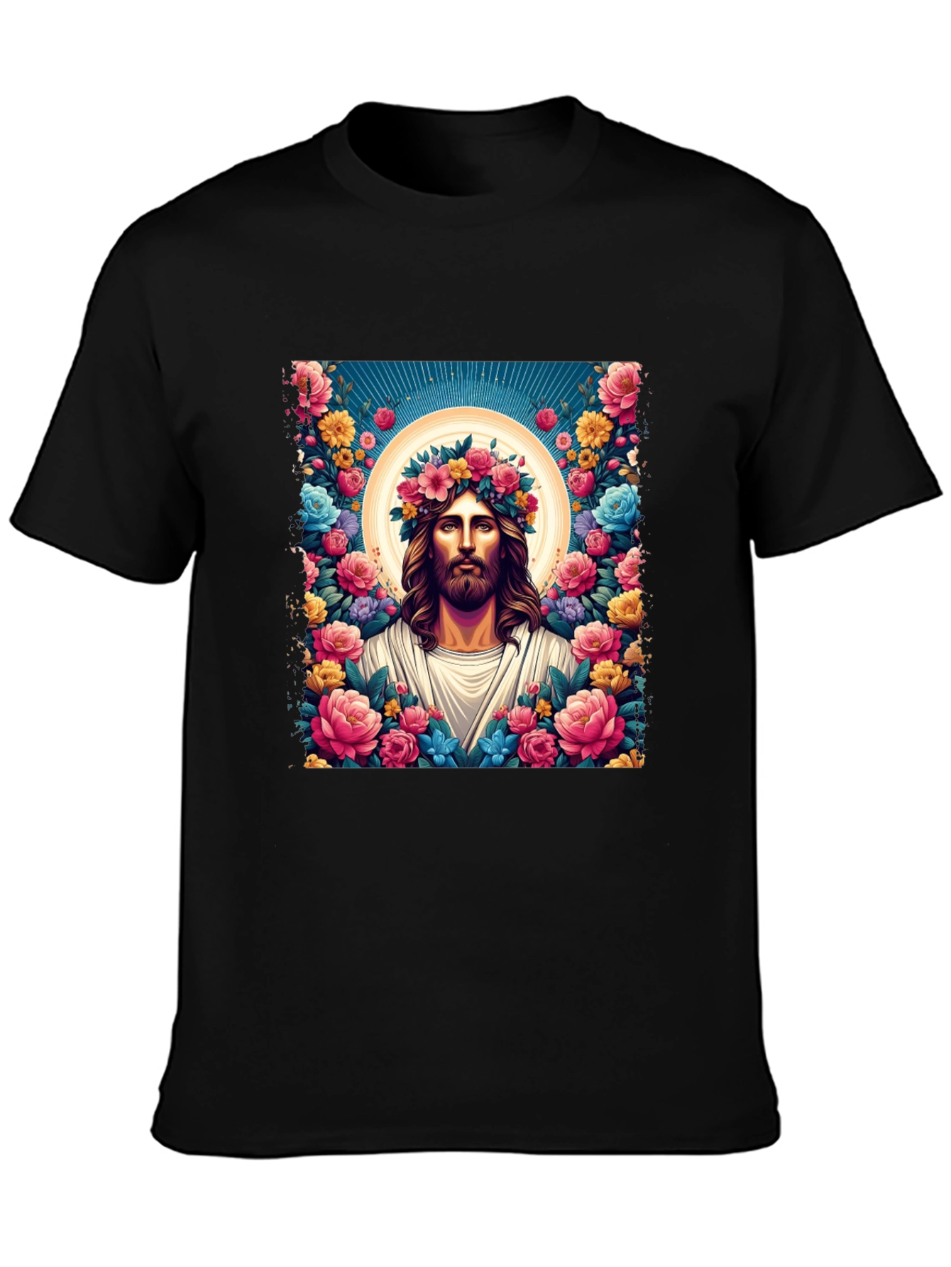 Floral Jesus Graphic Tee - Black