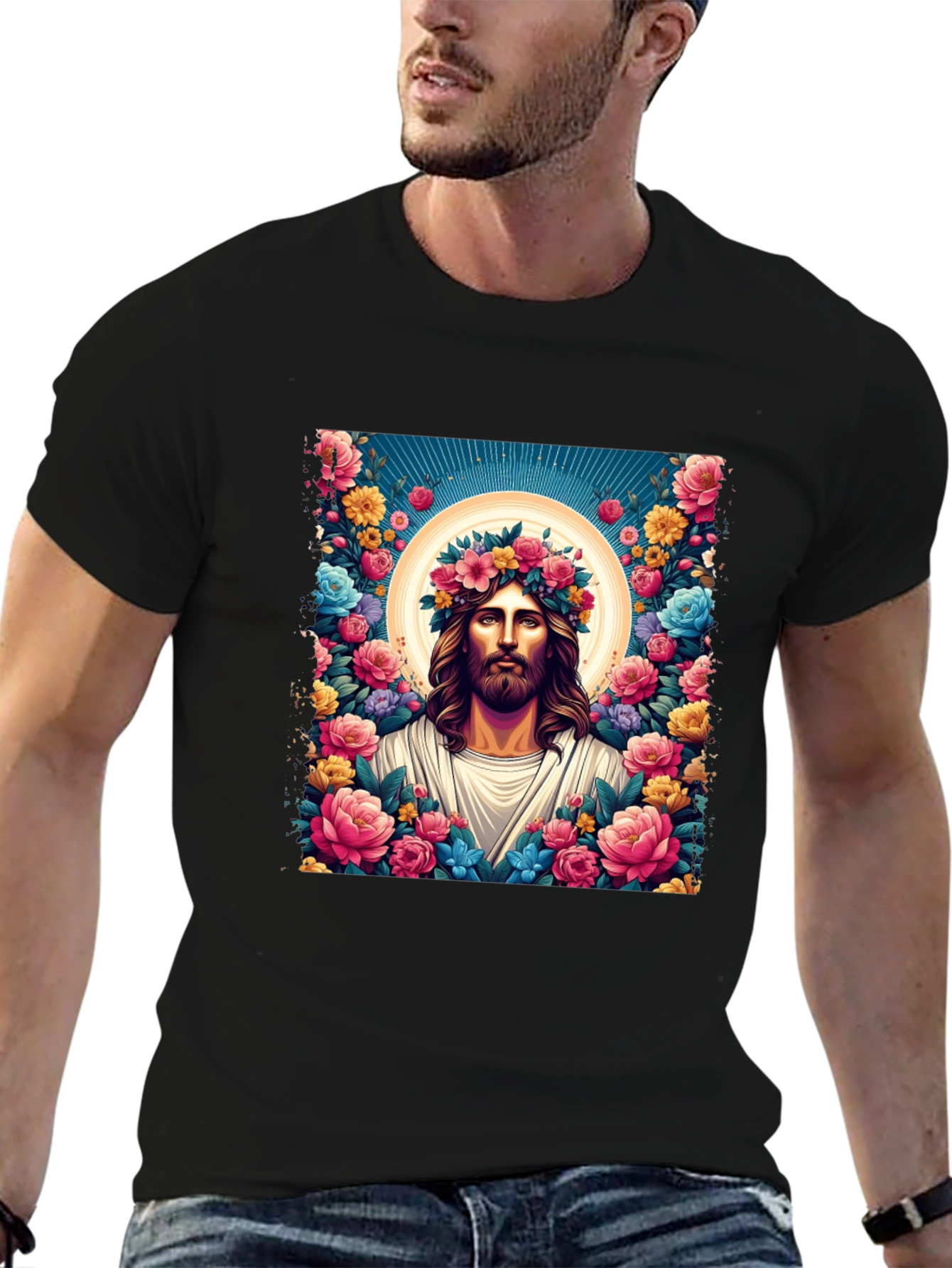 Floral Jesus Graphic Tee - Black