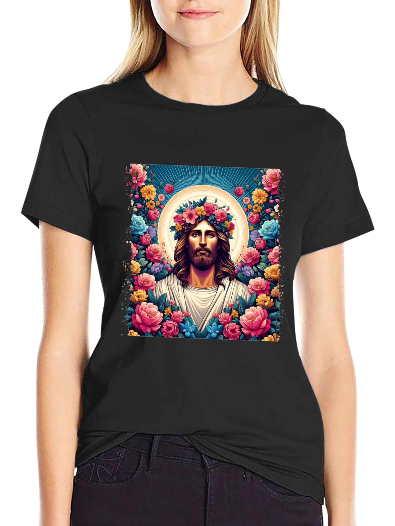 Floral Jesus Graphic Tee - Black