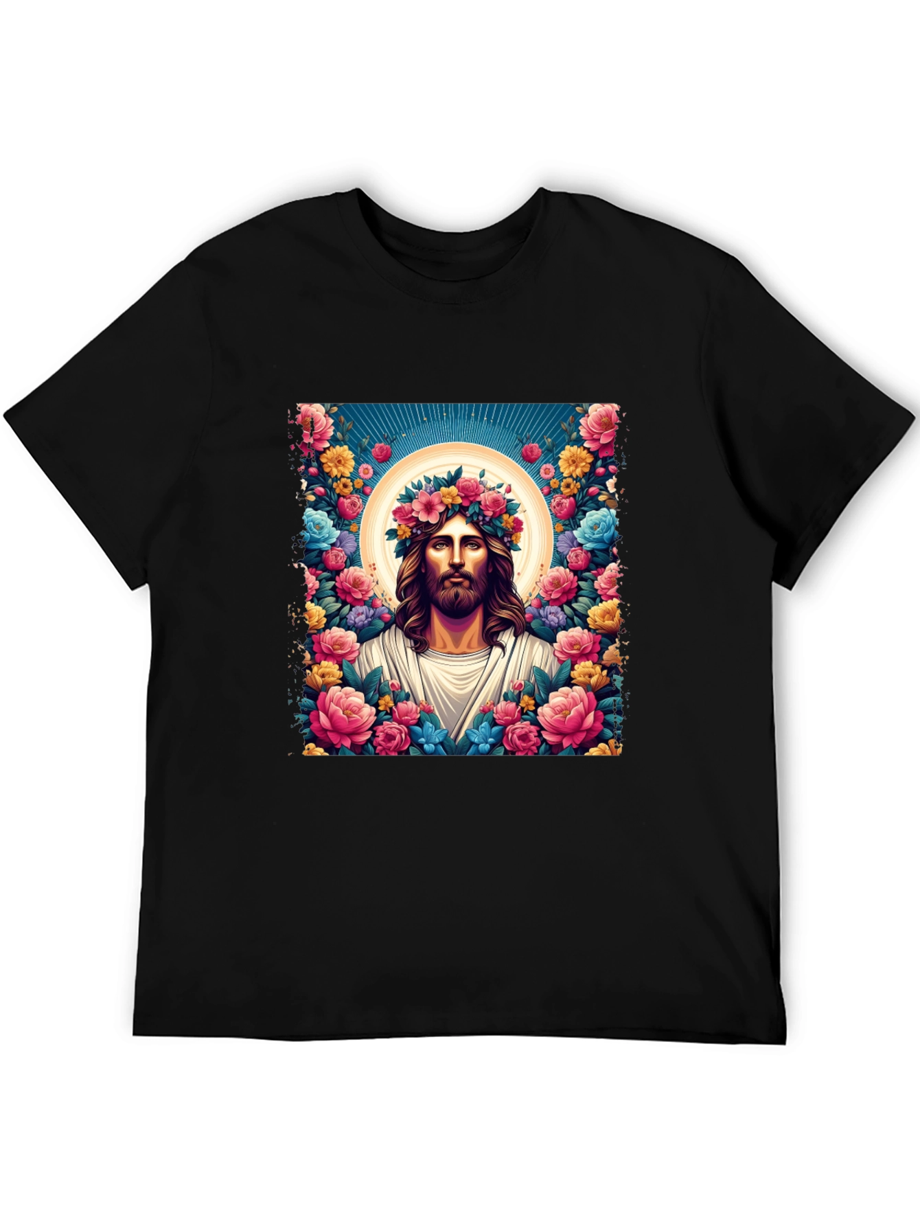 Floral Jesus Graphic Tee - Black