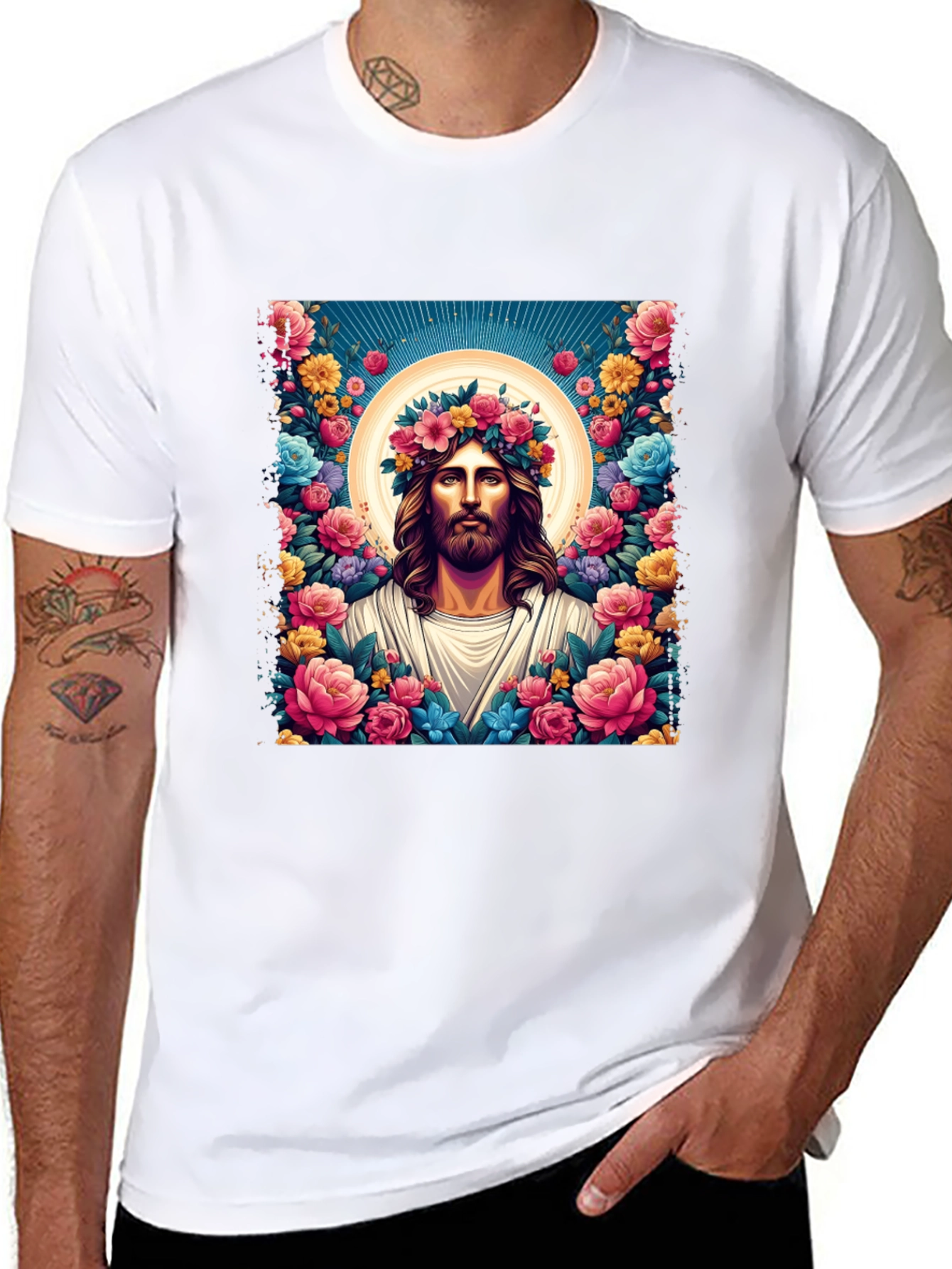 Floral Jesus Graphic Tee - Black