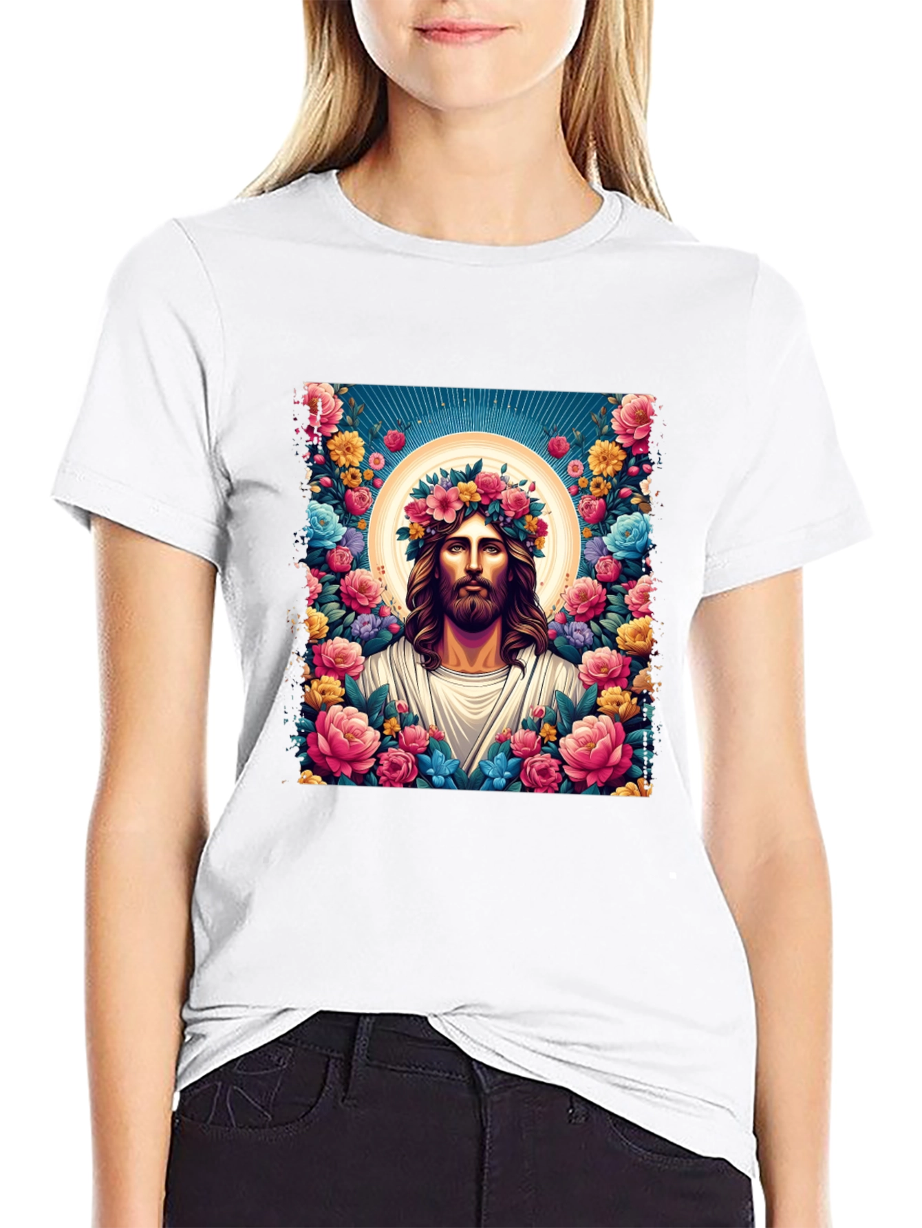Floral Jesus Graphic Tee - Black