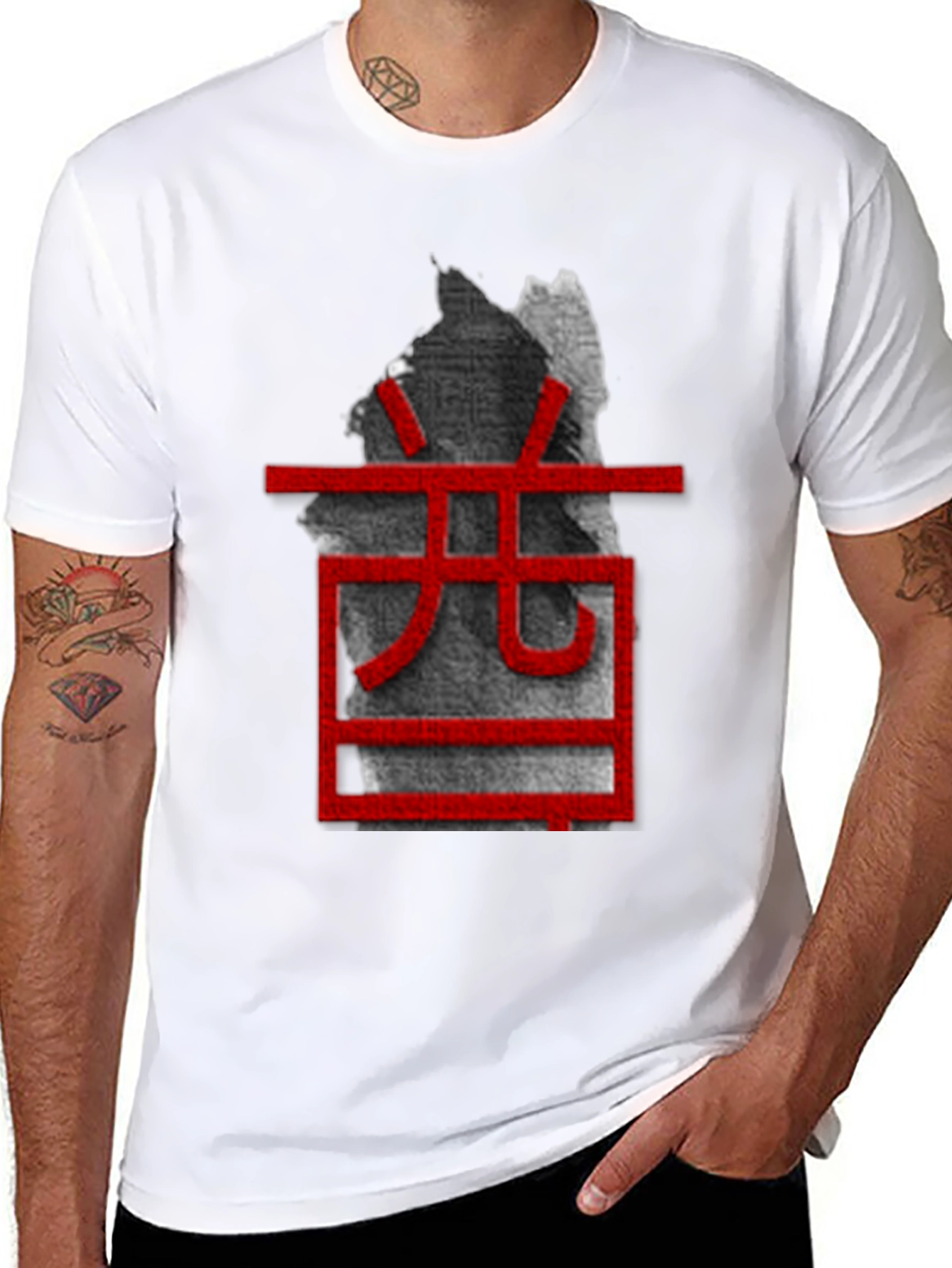 Unique Black T-Shirt with Red Asian-Inspired Graphic