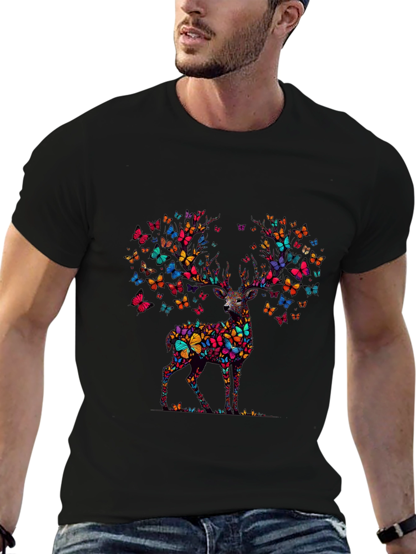 Butterfly Deer Graphic T-Shirt - Mens Black Tee