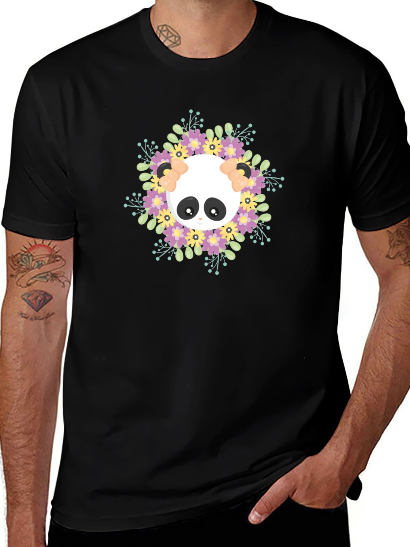 Panda Floral Wreath Graphic T-Shirt