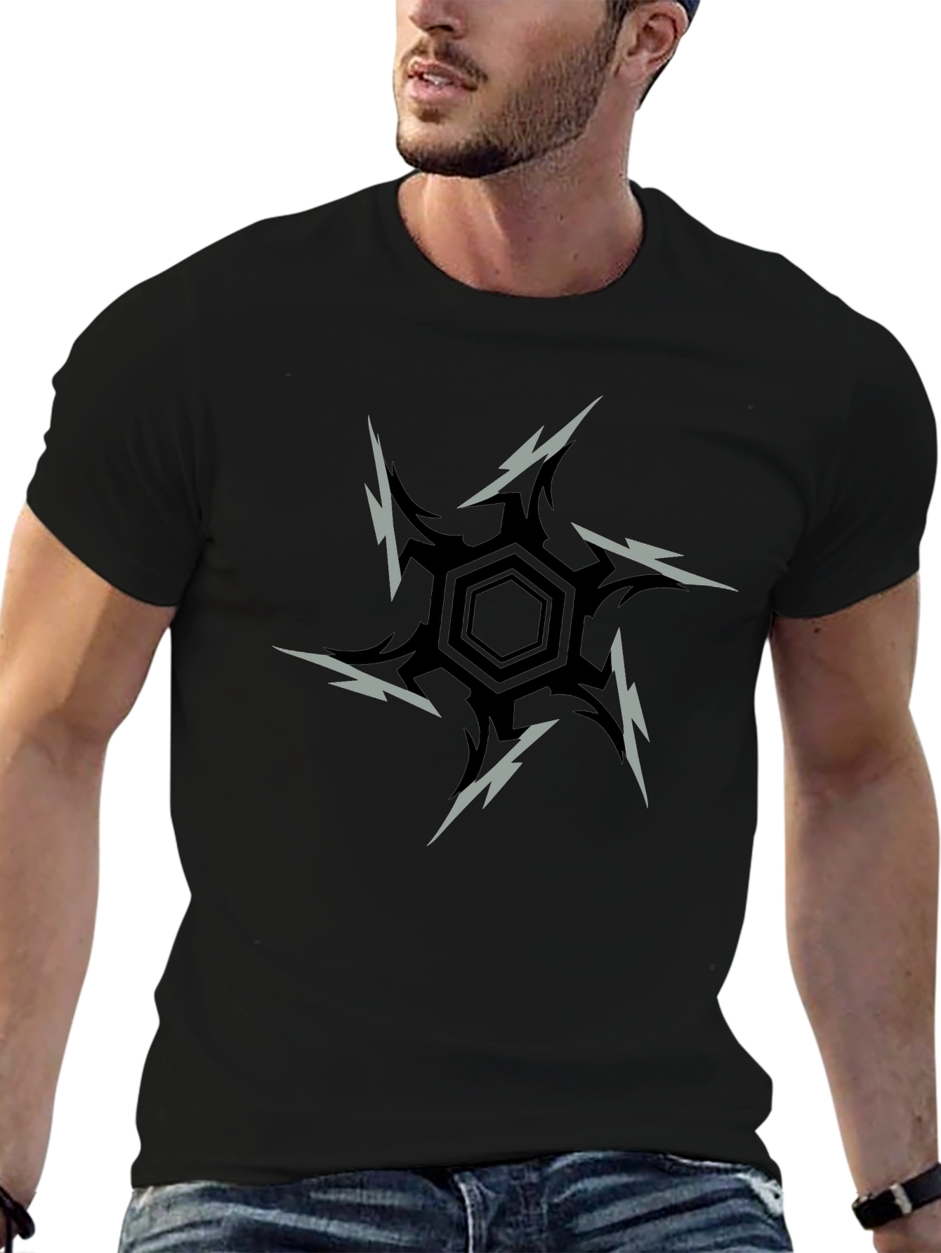 Edgy Hex Graphic Tee - Black Cotton Blend