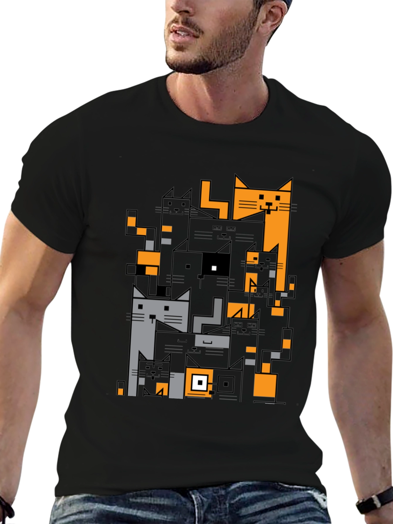 Geometric Cats Black Graphic Tee