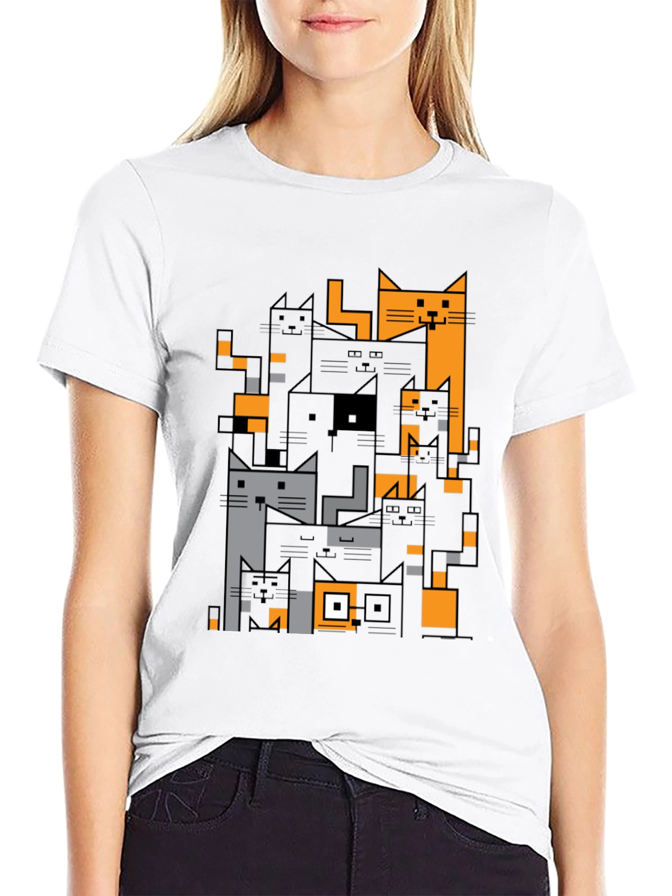 Geometric Cats Black Graphic Tee