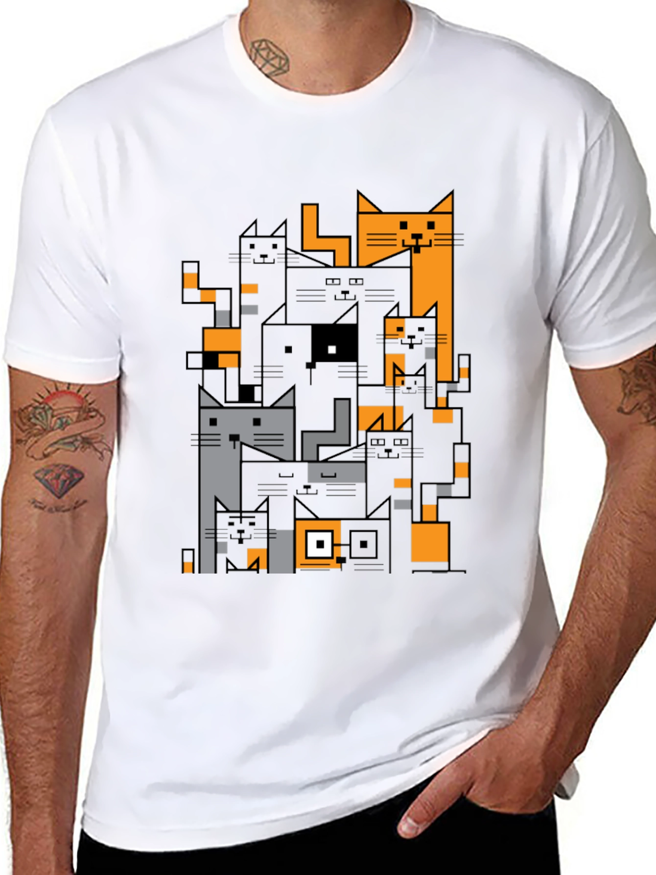 Geometric Cats Black Graphic Tee