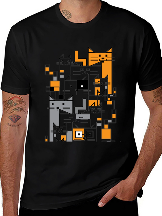 Geometric Cats Black Graphic Tee