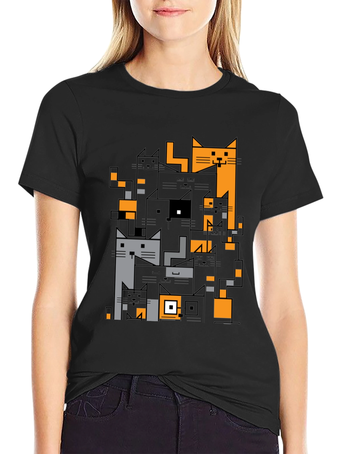 Geometric Cats Black Graphic Tee