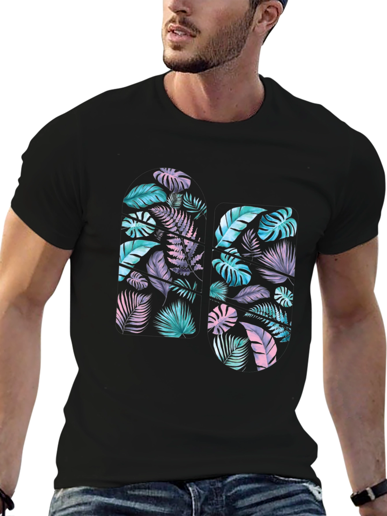 Tropical Leaf Print Black T-Shirt