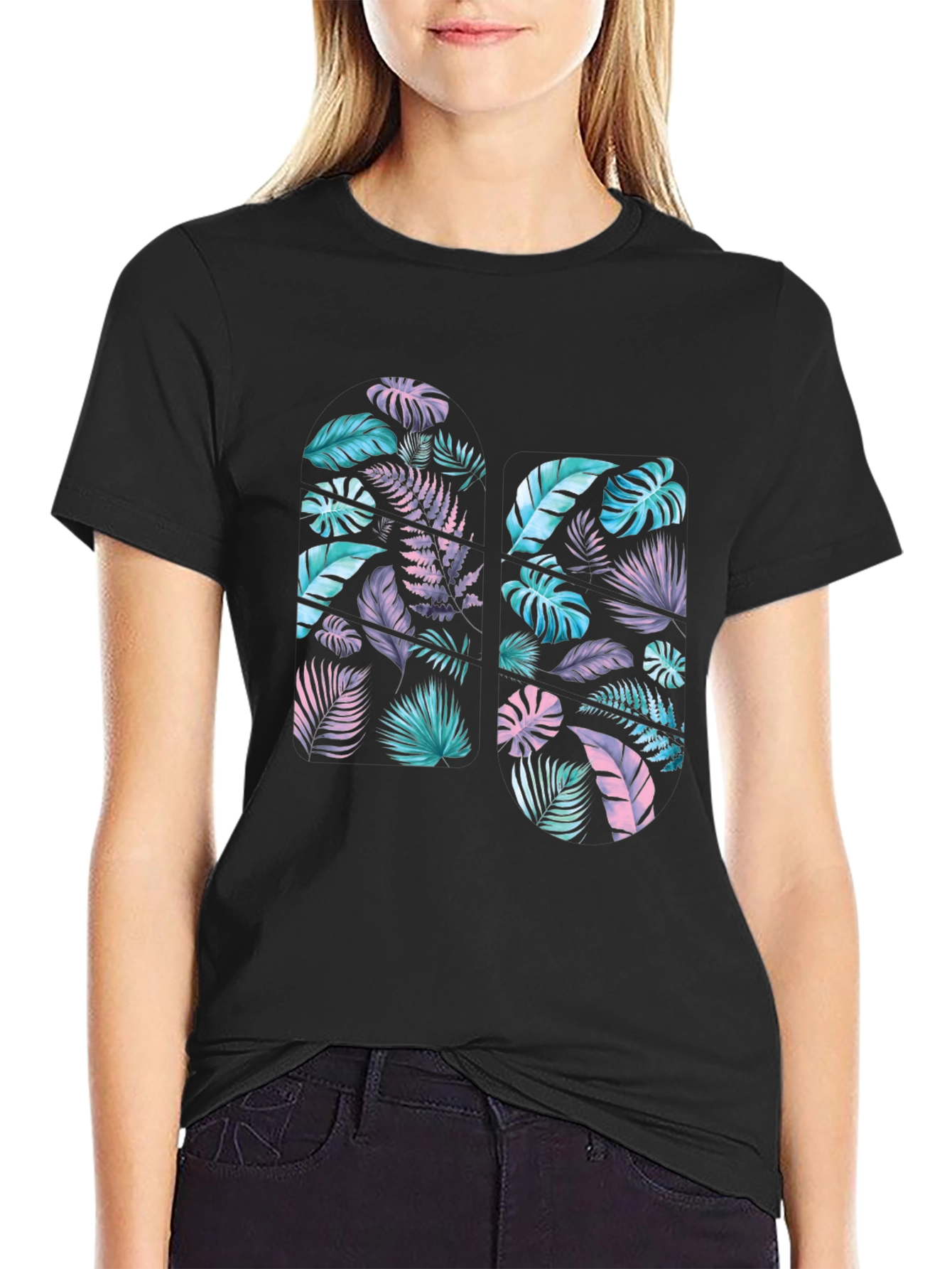 Tropical Leaf Print Black T-Shirt