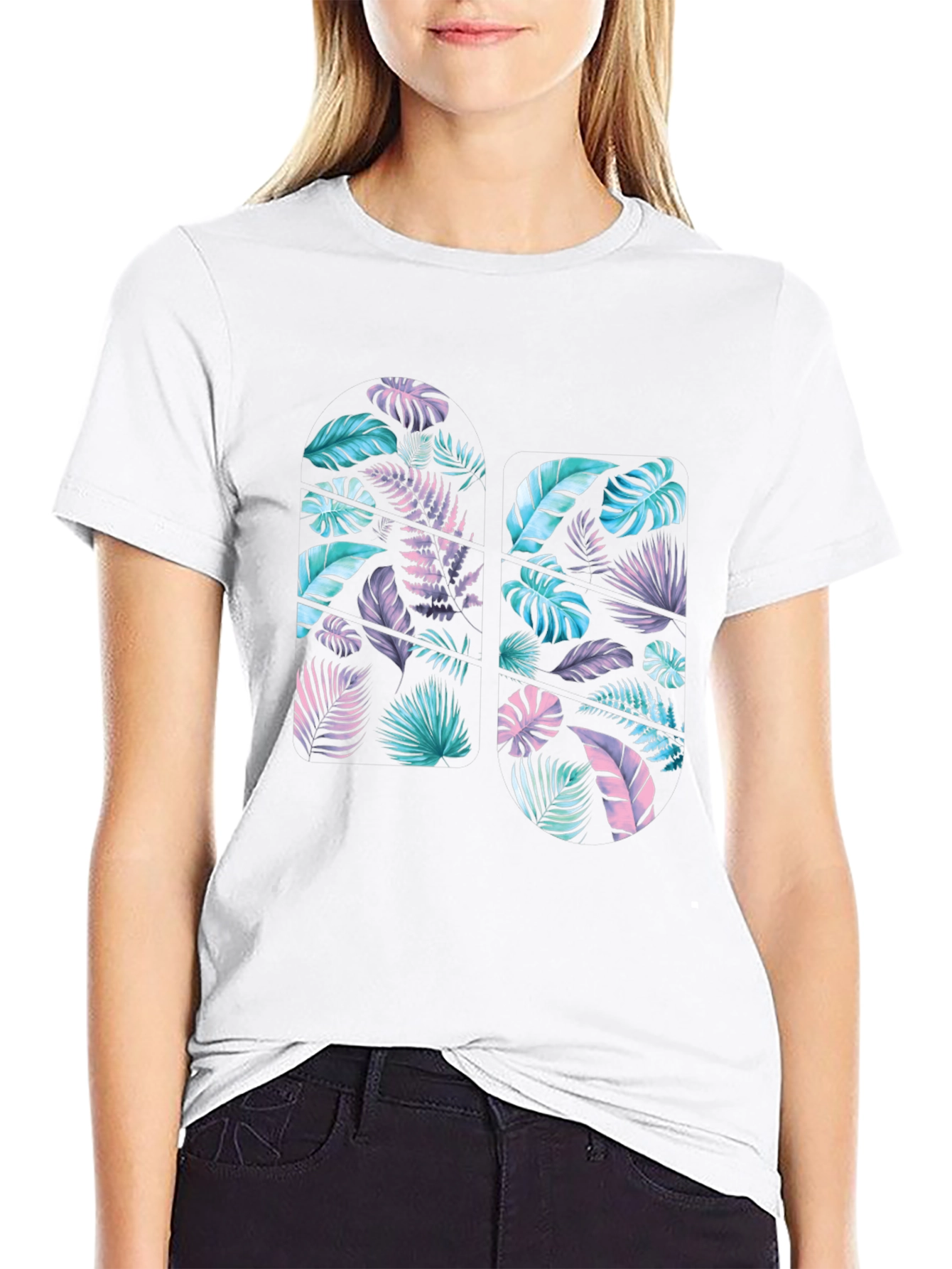 Tropical Leaf Print Black T-Shirt